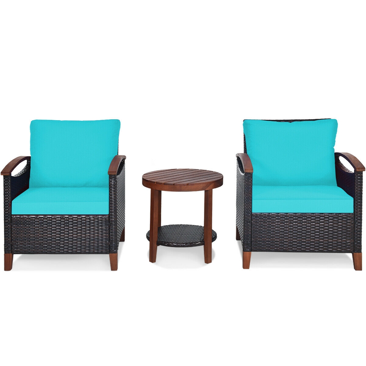 Mondawe 3 Pcs Solid Wood Frame Patio Rattan Furniture Set-Turquoise-Mondawe