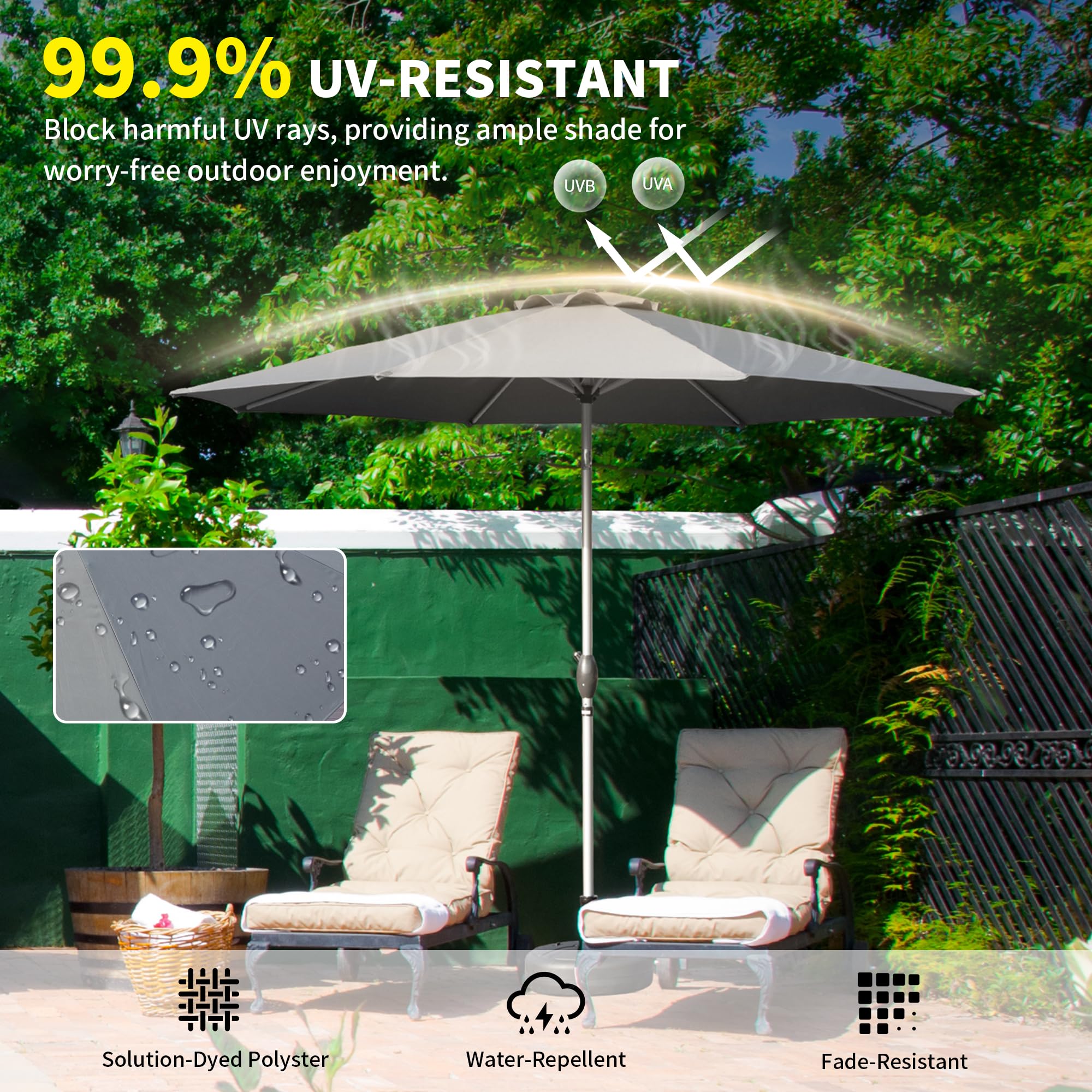 10FT Patio Umbrella, Outdoor Table Umbrella with Push Button Tilt and Crank, UV Protection Waterproof Market Sun Umbrella with 8 Sturdy Ribs for Garden, Deck, Backyard, Pool (Brick red /Navy Blue /Gray)
