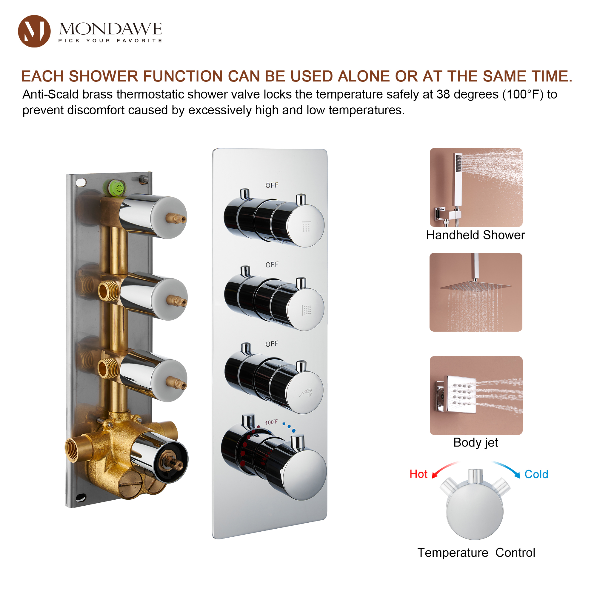 Mondawe Ceiling Mount Thermostatic Rainfall Shower System Set with Hand Held Shower Head and 6 Body Jets-Mondawe
