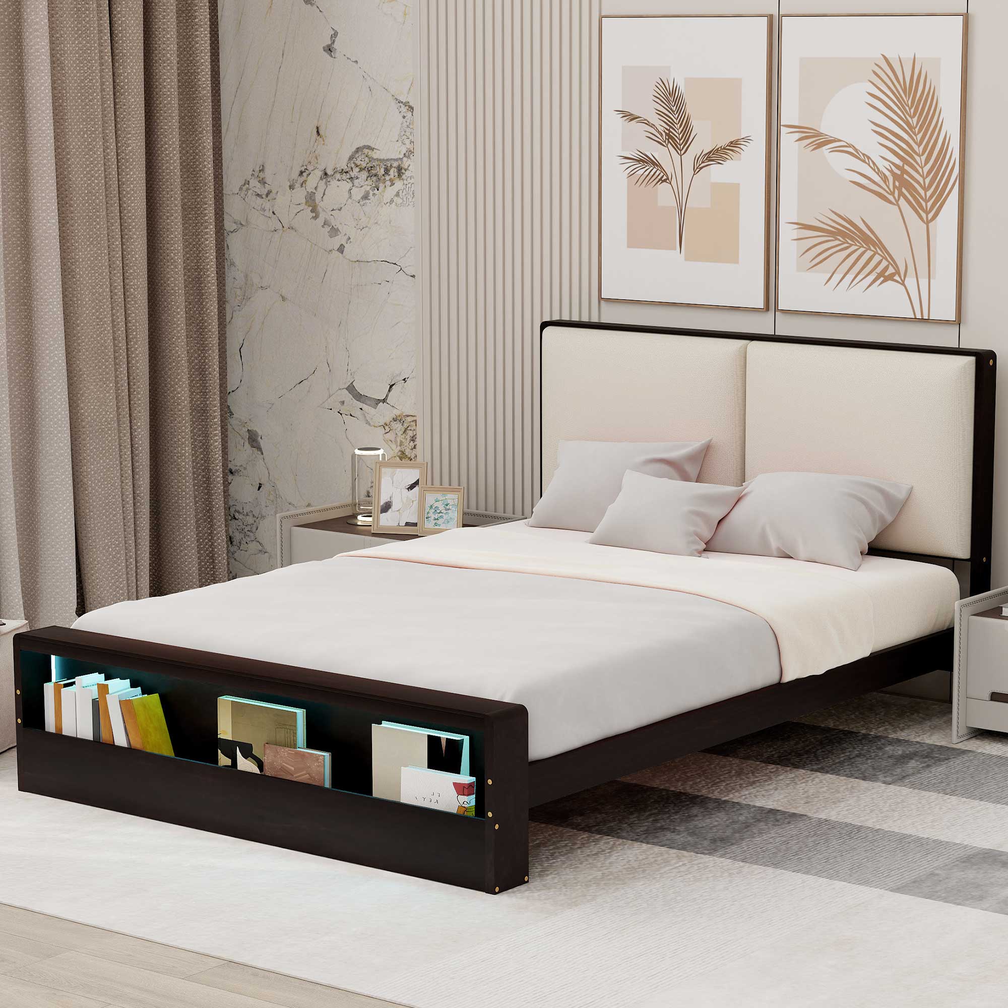 King/Queen Size Platform Bed Frame with Upholstery Headboard and Bookshelf in Footboard and LED Light Strips, Espresso