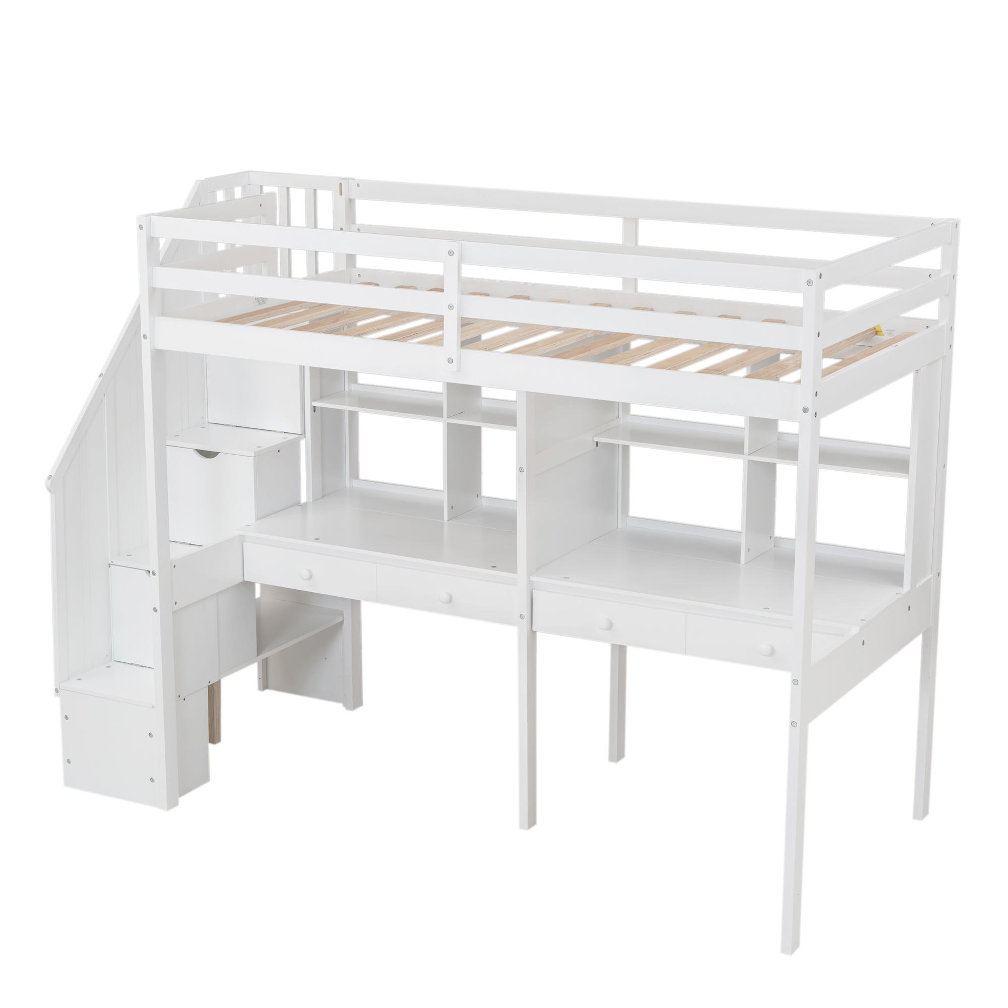 Twin Size Loft Bed Frame with Storage Staircase and Double Desks and Shelves,Gray/White