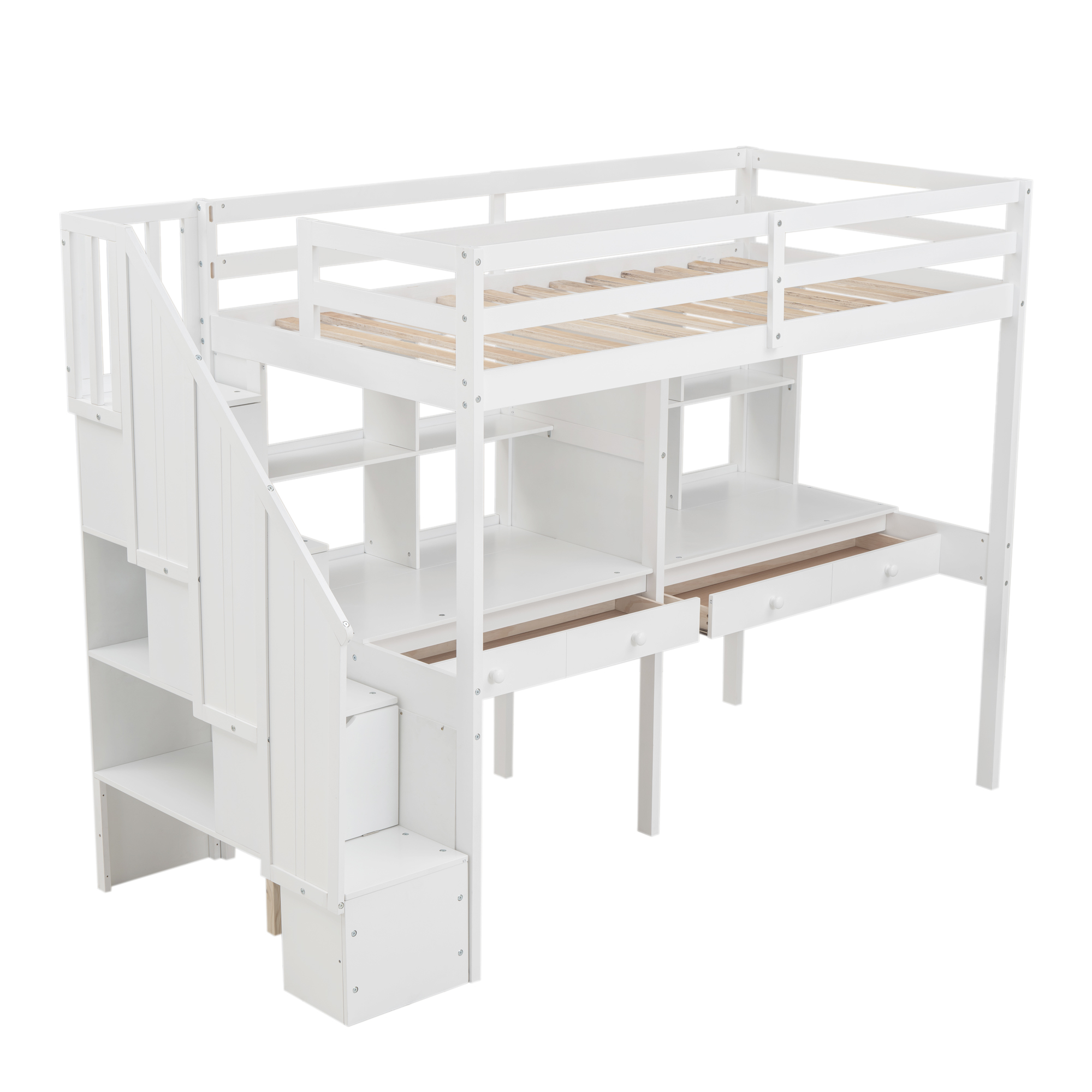 Twin Size Loft Bed Frame with Storage Staircase and Double Desks and Shelves,Gray/White