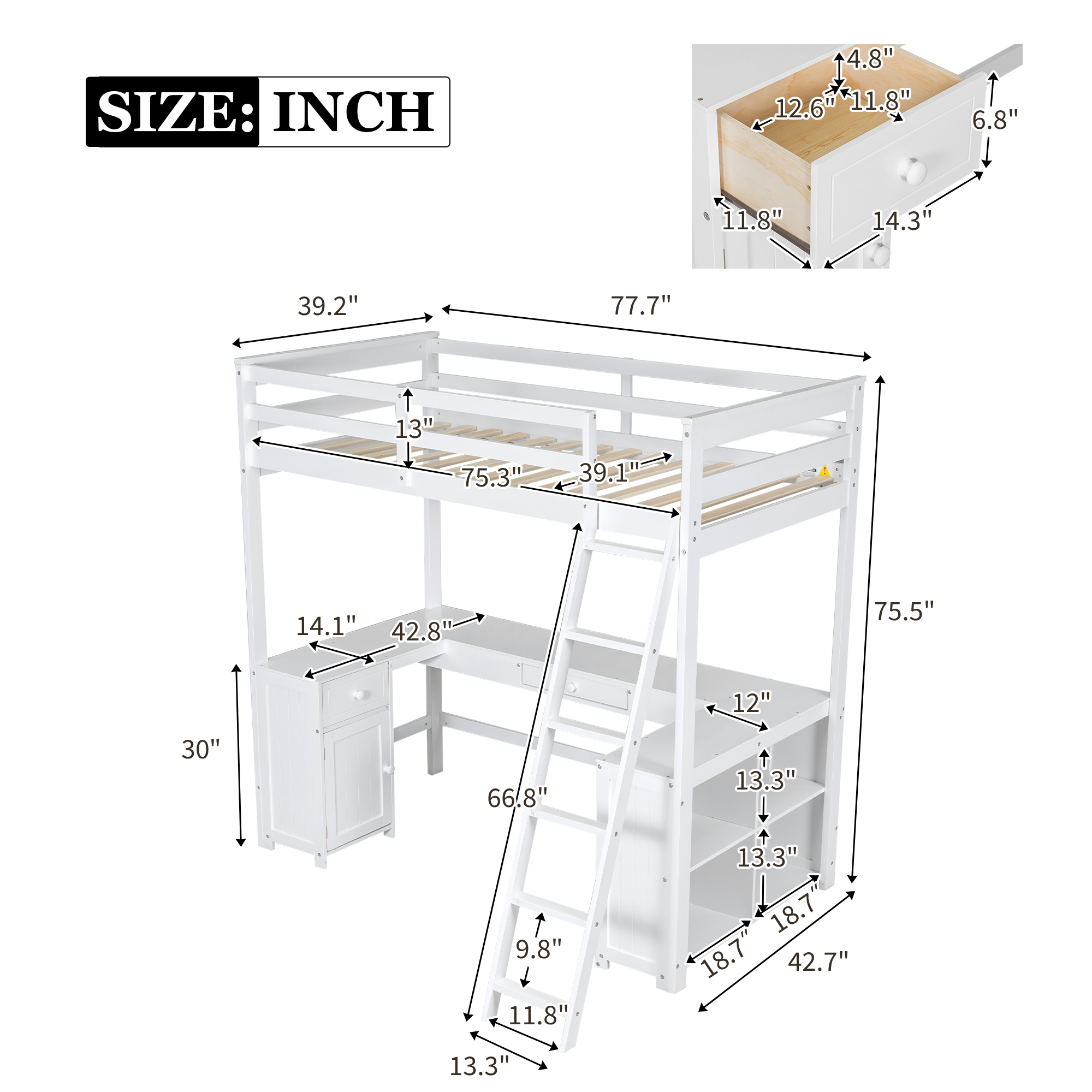 Full/Twin Size Loft Bed with U-shaped Desk, Drawers and Storage Shelves, White/Antique Brown 