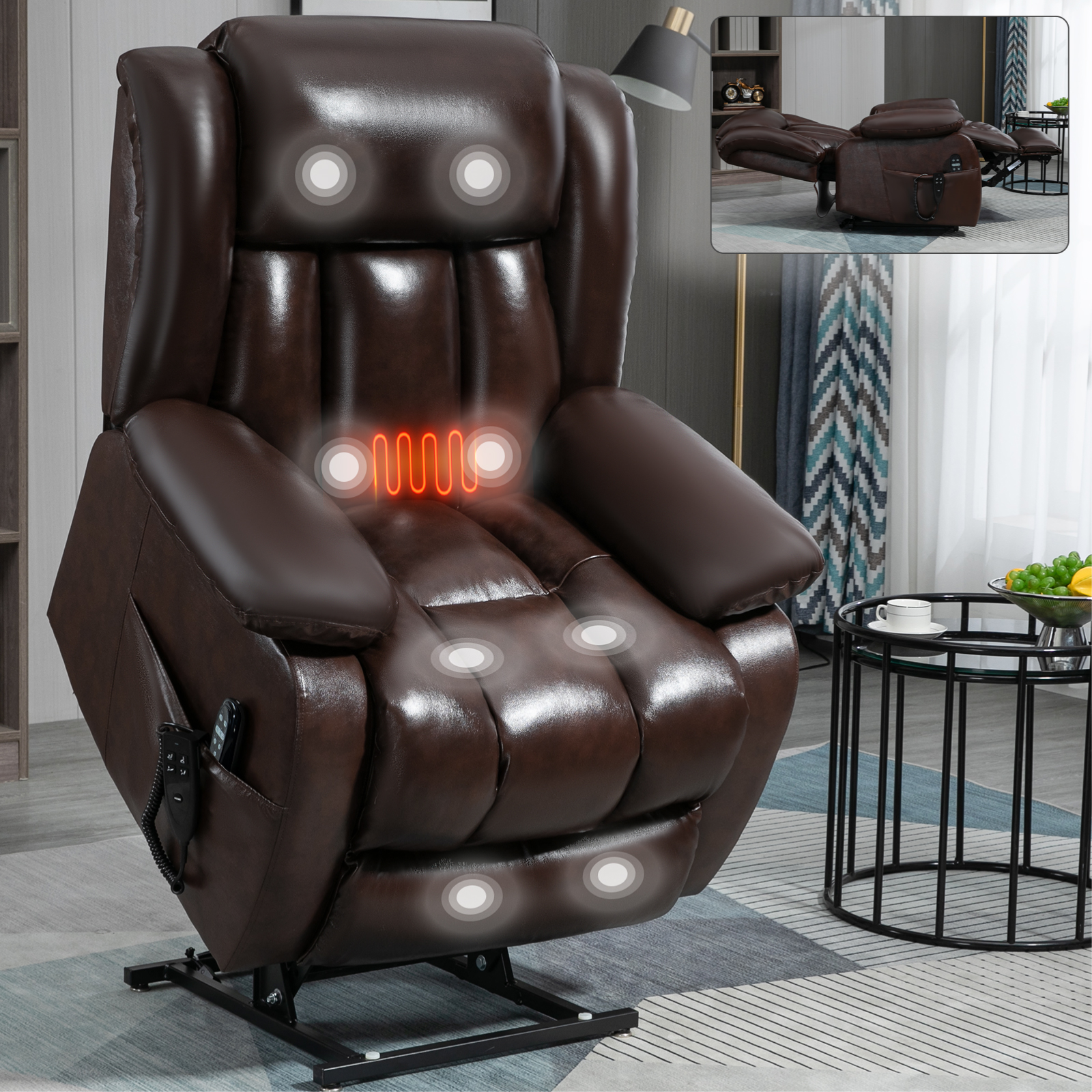 Dual Motor Infinite Position Up to 350 LBS Electric Medium size Brown/Gray/Black/Antique Brown Power Lift Recliner Chair with 8-Point Vibration Massage and Lumbar Heating