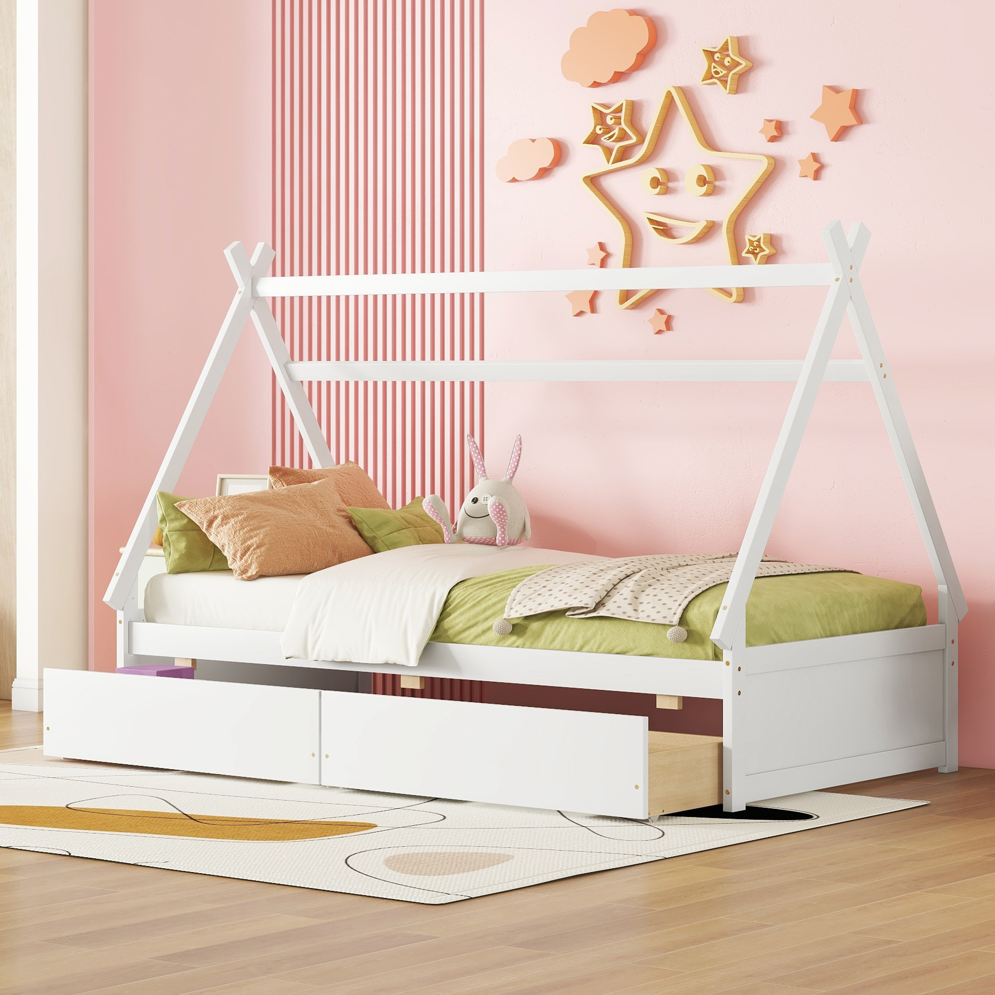 Twin Size House Platform Bed with Two Drawers,Headboard and Footboard, White/Pink 