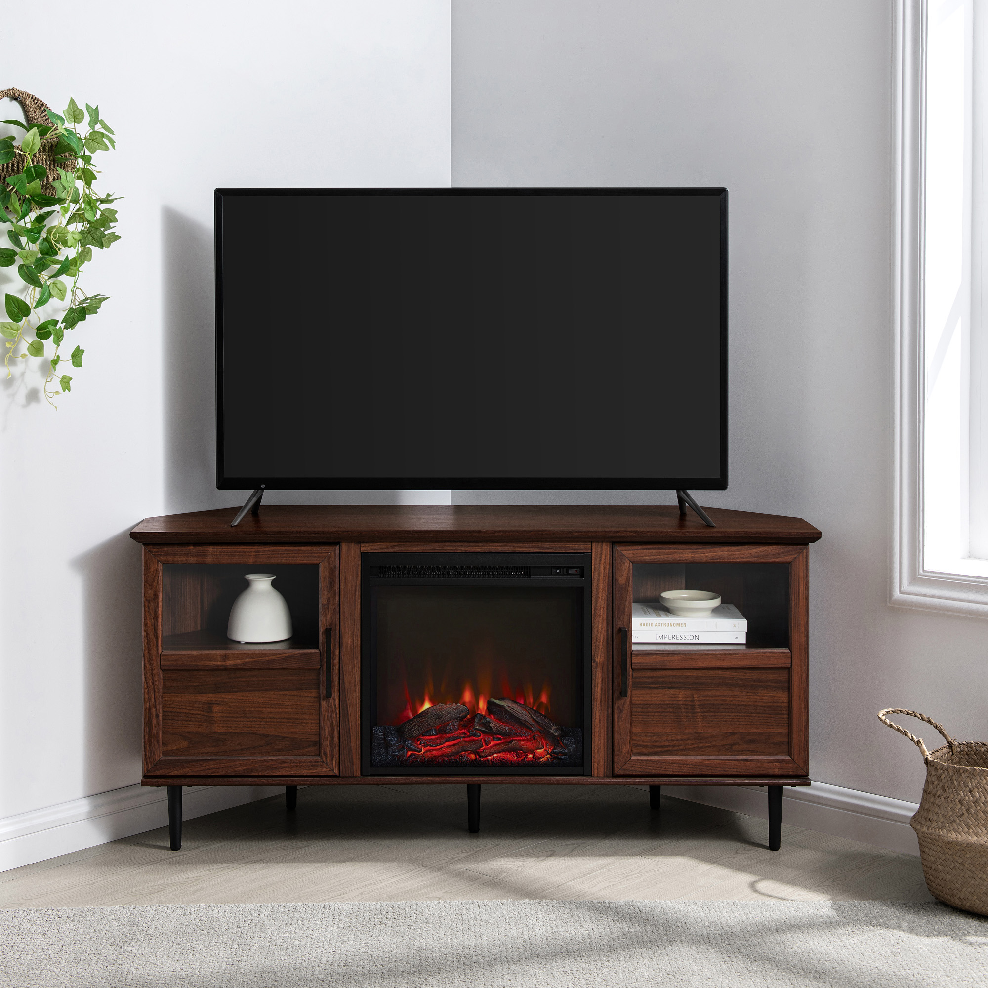 Modern Angled-Side Fireplace Corner TV Stand for TVs up to 10015” – Dark Walnut 