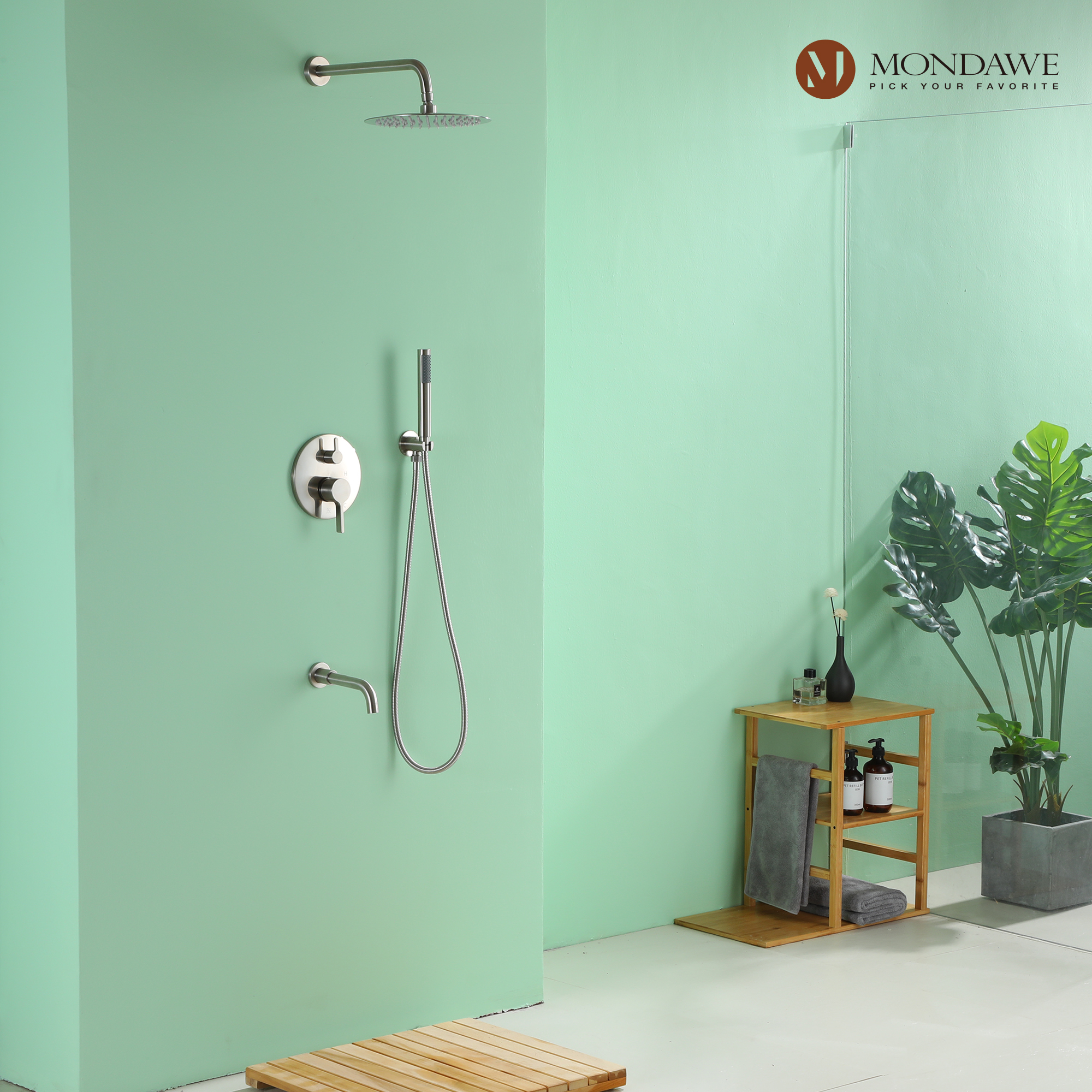 Mondawe Three function Pressure Balance Shower Set with 10 in Round Shower Head(5 color, Valve Included)-Mondawe