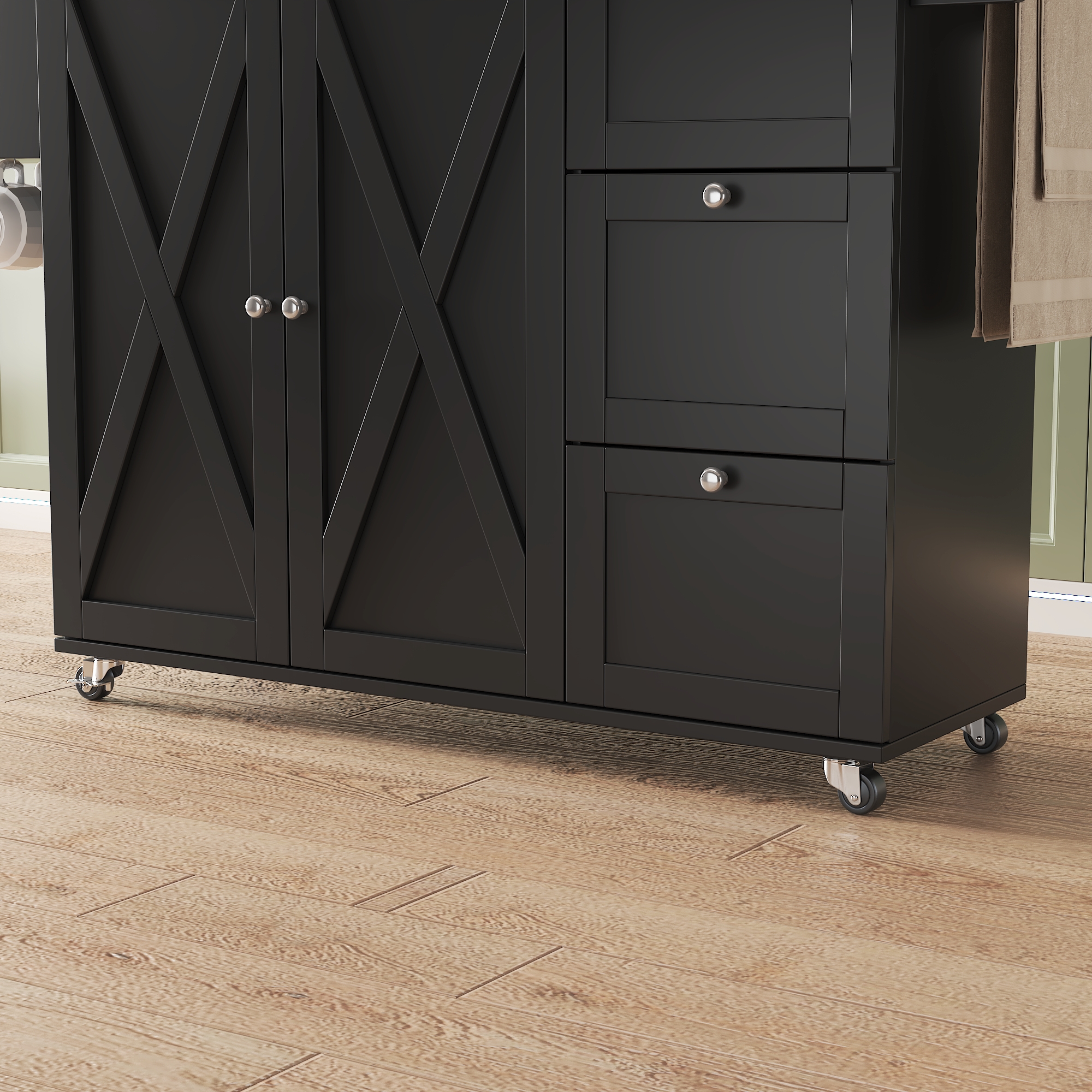 45.4" Farmhouse Black Rolling Kitchen Cart on Wheels with Storage Cabinet, Mobile Kitchen Island cart with Drop Leaf Top, Spice Rack, Towel Bar, Adjustable Shelf, Drawers and Hooks 