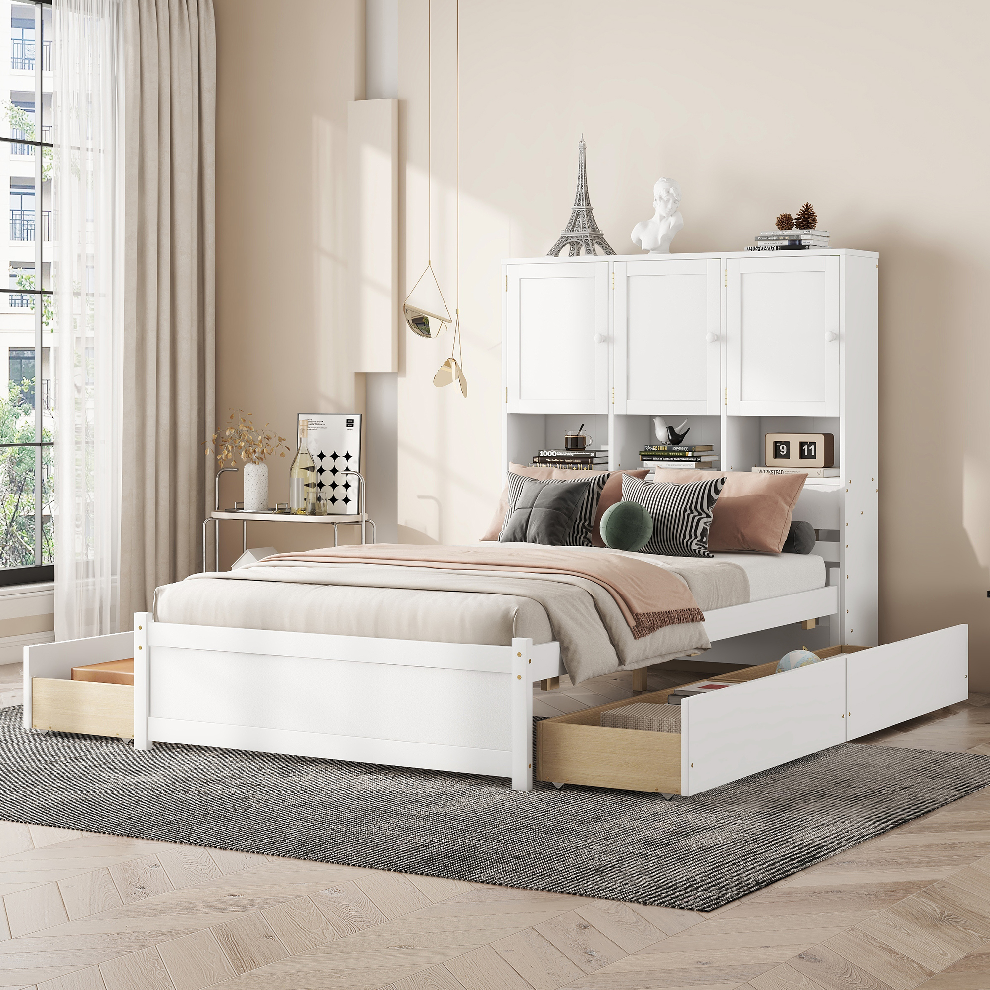 Full/Queen Size Platform Bed with Storage Headboard and 4 Drawers, Gray/White