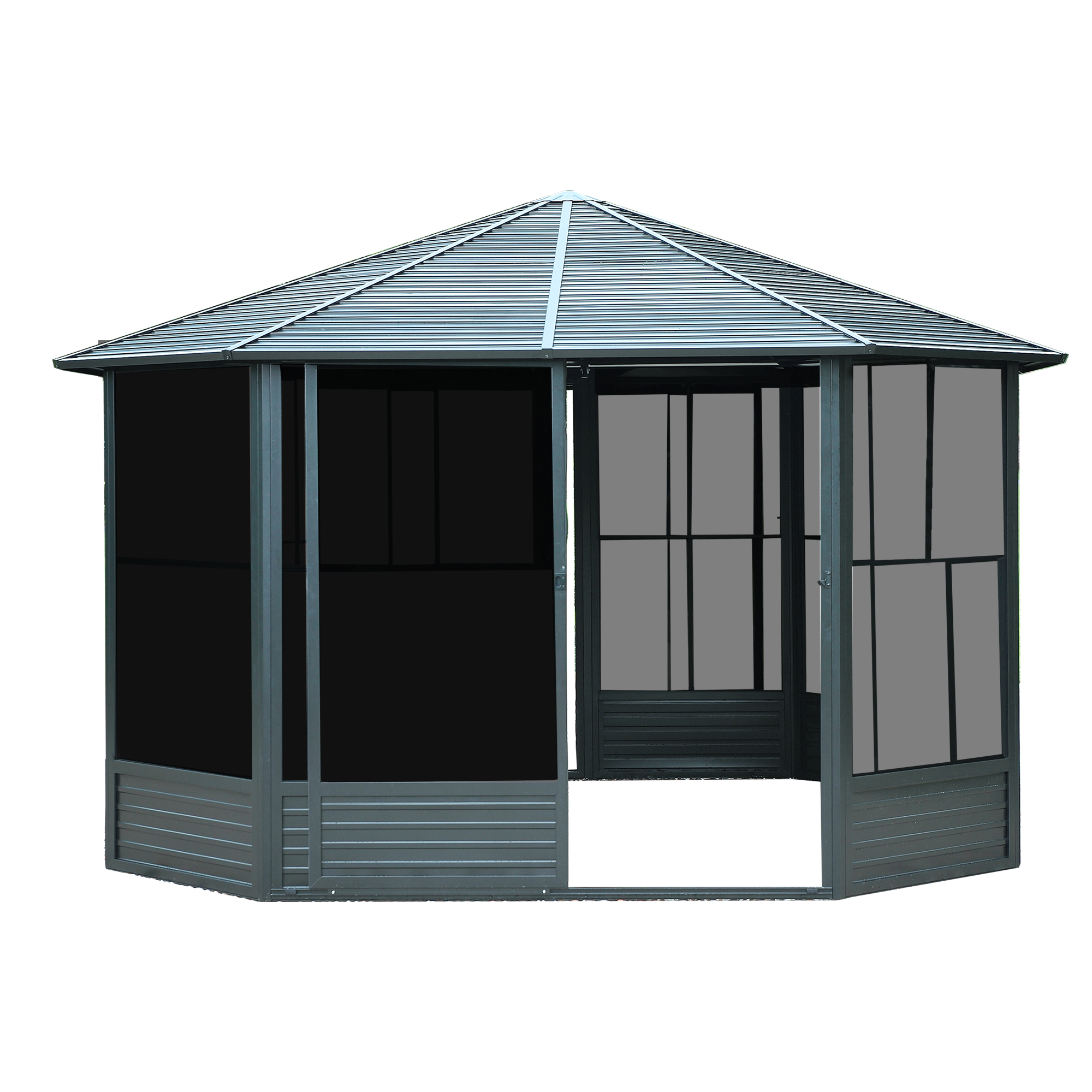 12 x 12 FT Sunroom Octagonal Solarium,Screen Houses for Outdoors Backyard with Lockable Sliding Door,Moveable PC Screen,Galvanized Steel Sloping Roof
