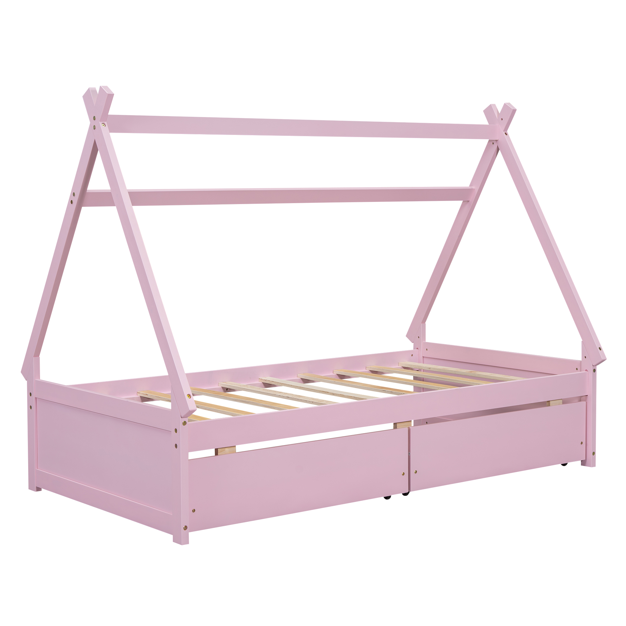 Twin Size House Platform Bed with Two Drawers,Headboard and Footboard, White/Pink 