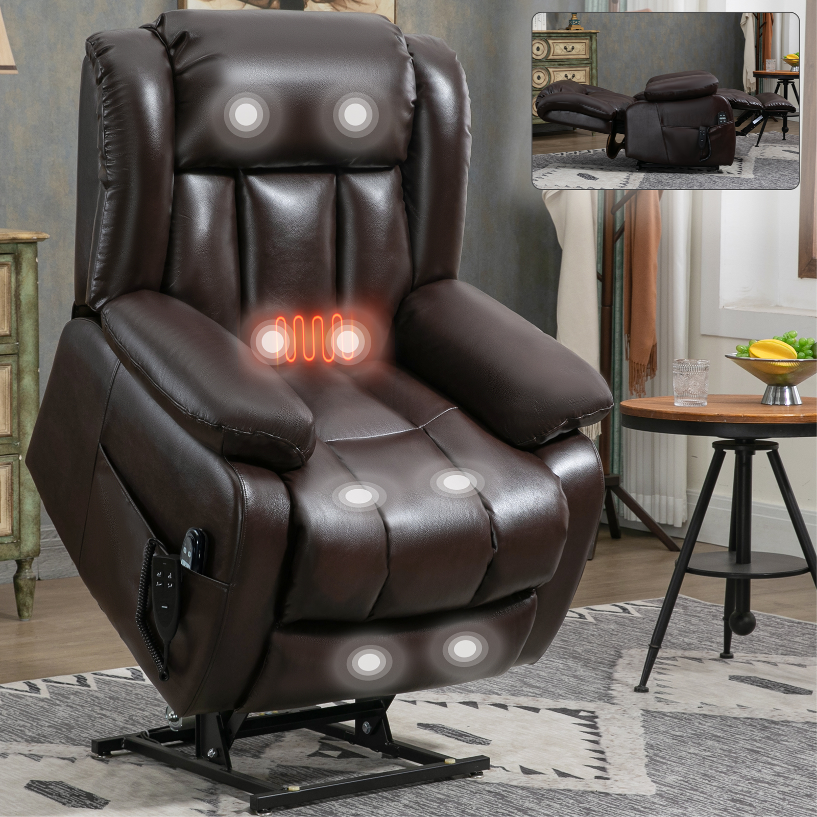 Dual Motor Infinite Position Up to 350 LBS Electric Medium size Brown/Gray/Black/Antique Brown Power Lift Recliner Chair with 8-Point Vibration Massage and Lumbar Heating
