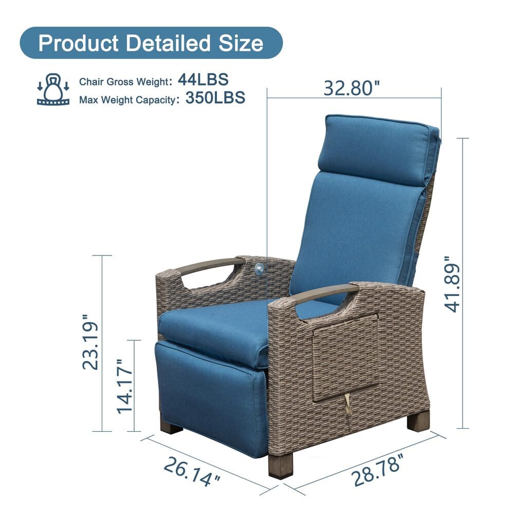 Outdoor Recliner Chair, Patio Recliner with Hand-Woven Wicker, Flip Table Push Back, Adjustable Angle, Thickness Cushions