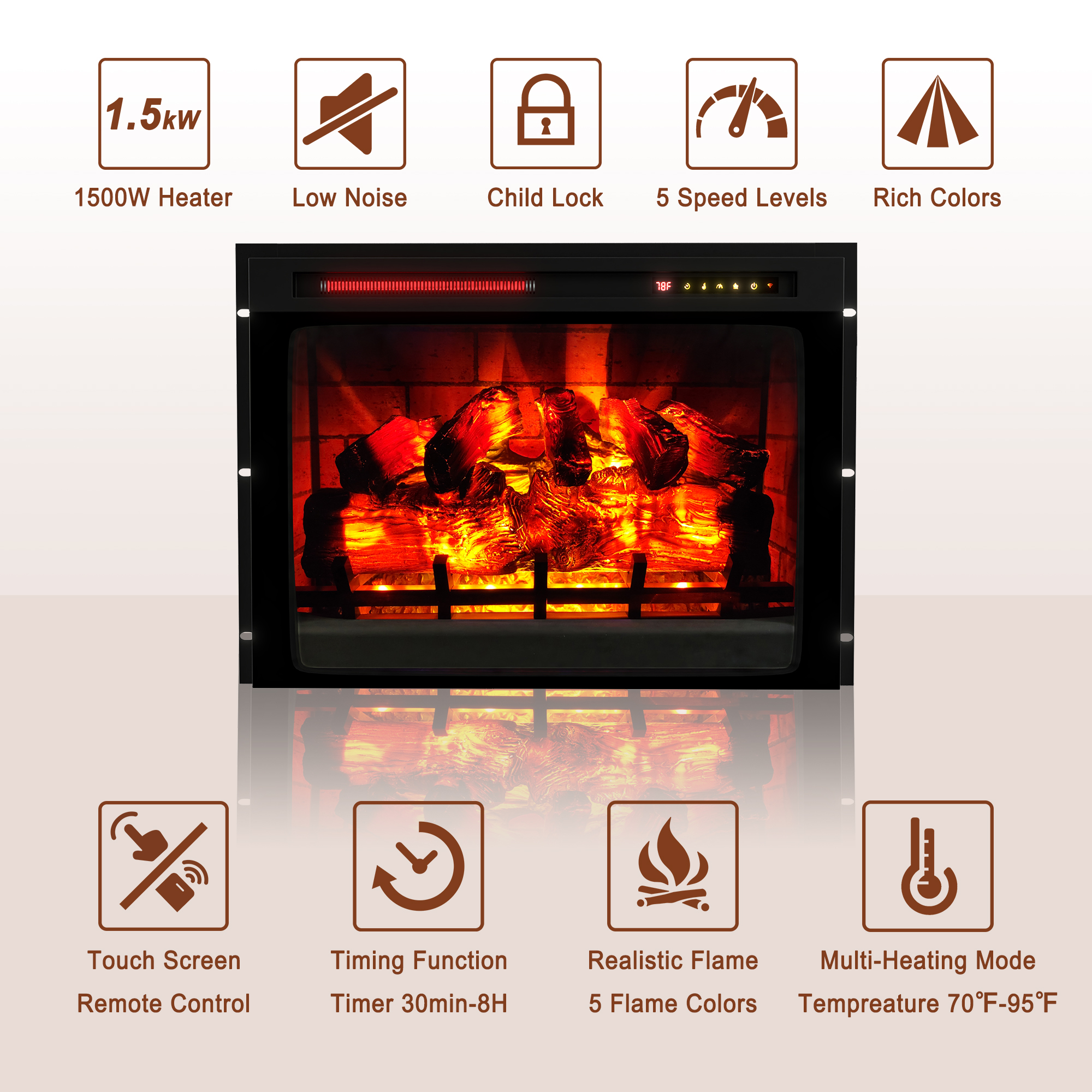 Mondawe 28 in. 5120 BTU Recessed Electric Fireplace with Double Overheat Protection & Remote Control and Touch Screen-Mondawe