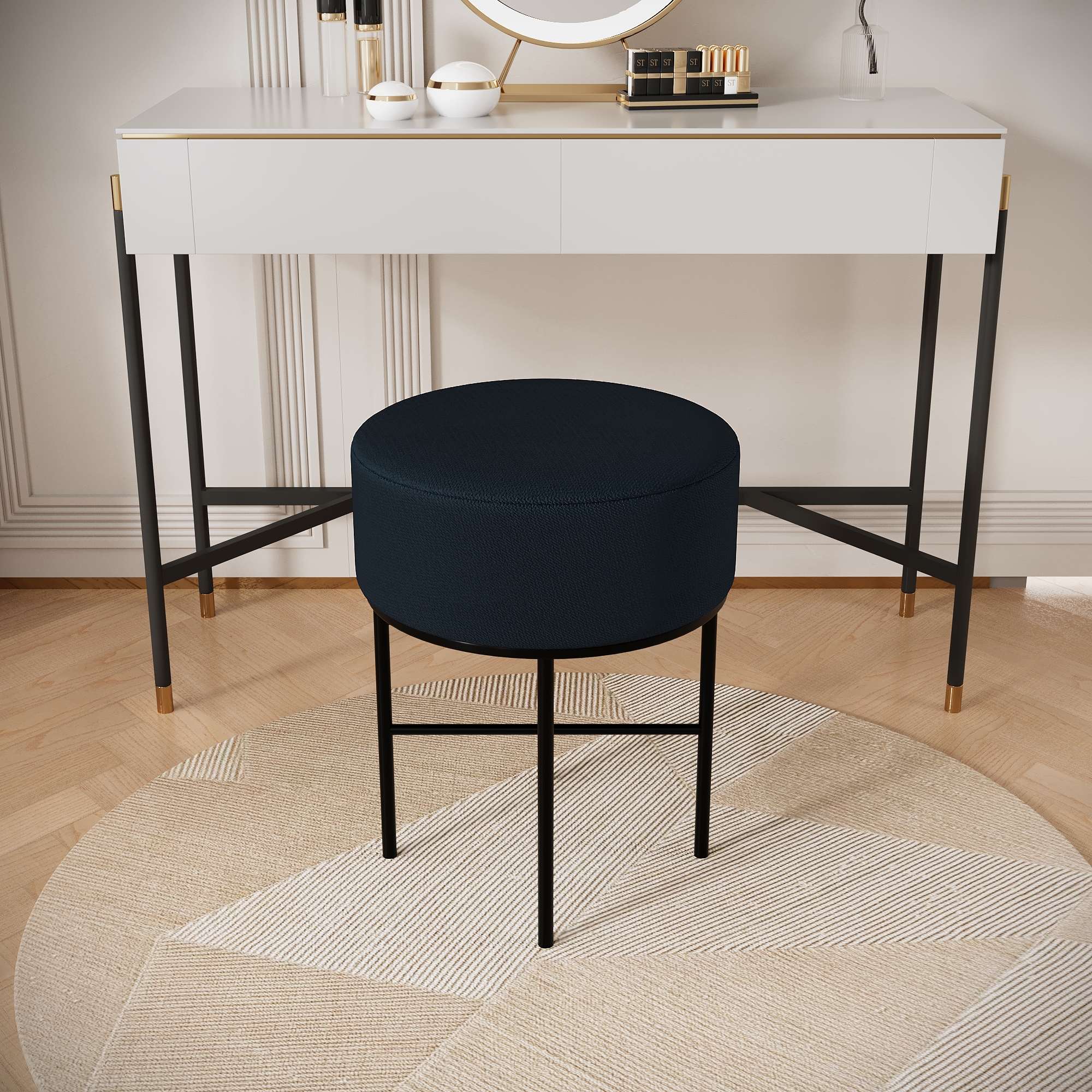 2 pcs Round Cushioned Vanity Stool, Linen Upholstered Vanity Stool for Makeup Room, Modern Soft Stool for Bar and Dining, Ottoman Footrest Stool with Metal Legs for Living Room, Bedroom(Matcha Green/Black) 