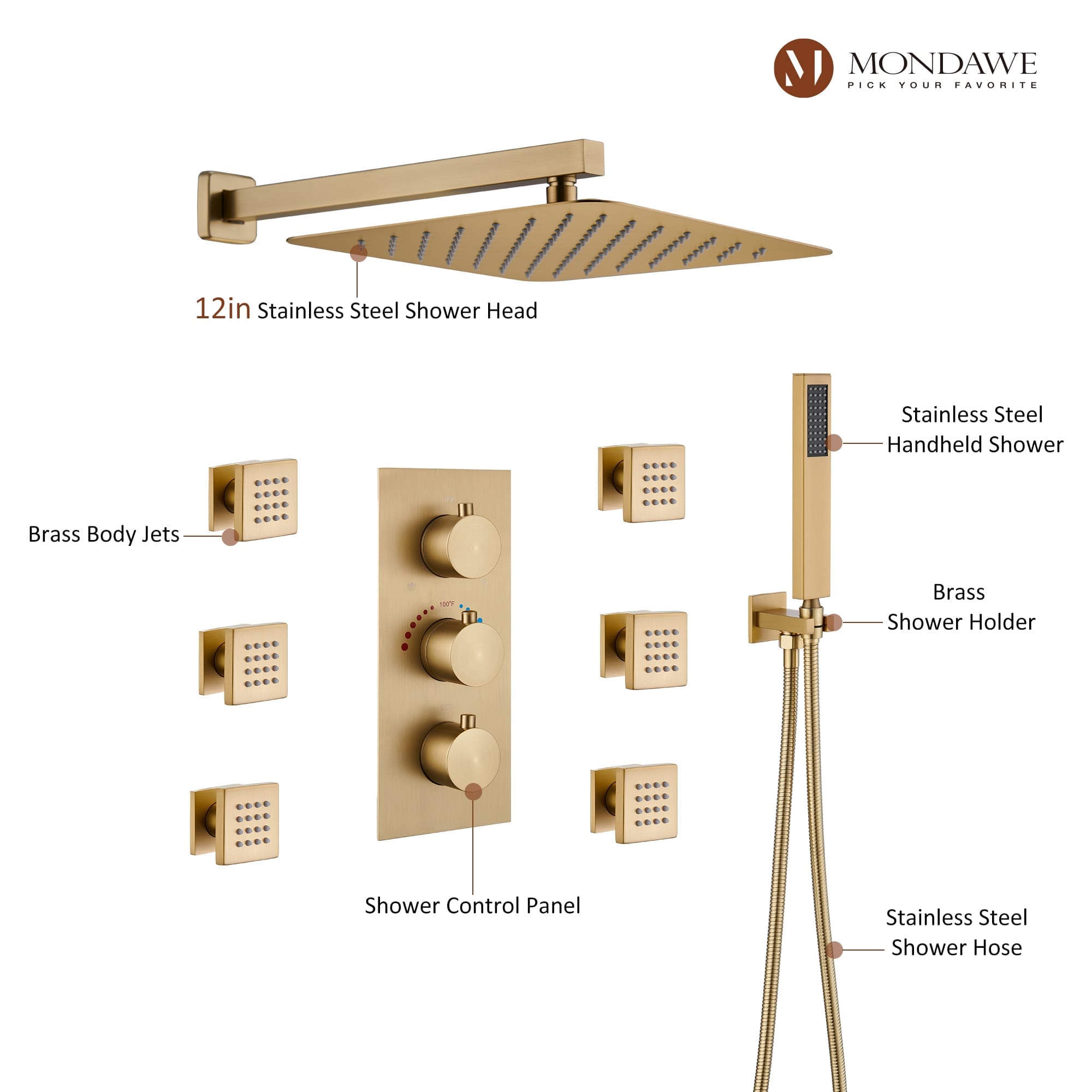 Mondawe Wall Mount Thermostatic Rain Head Shower System with Handheld Shower and Wall Body Jets-Mondawe