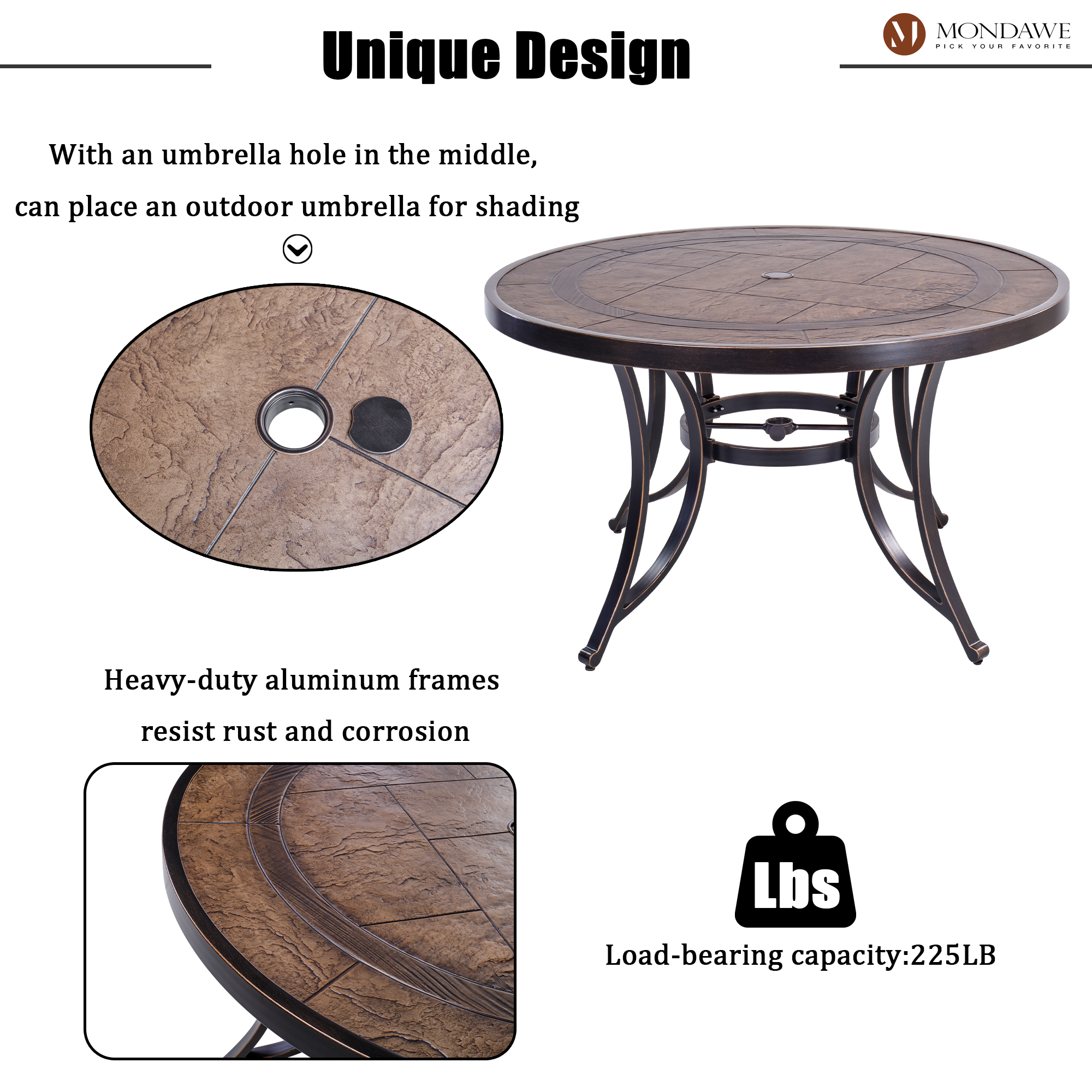 Dark Gold Round Aluminum 28 in. H Faux Wood Top Outdoor Patio Dining Table with Umbrella Hole-Boyelliving