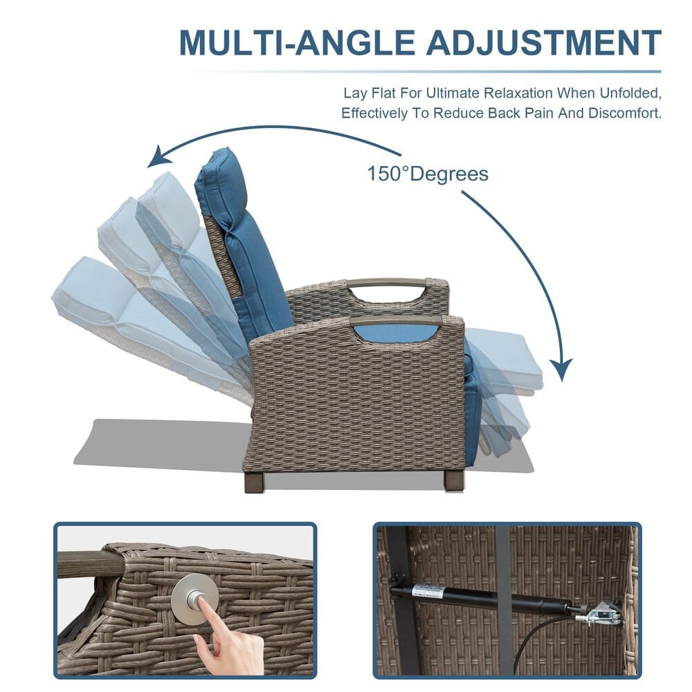 Outdoor Recliner Chair, Patio Recliner with Hand-Woven Wicker, Flip Table Push Back, Adjustable Angle, Thickness Cushions