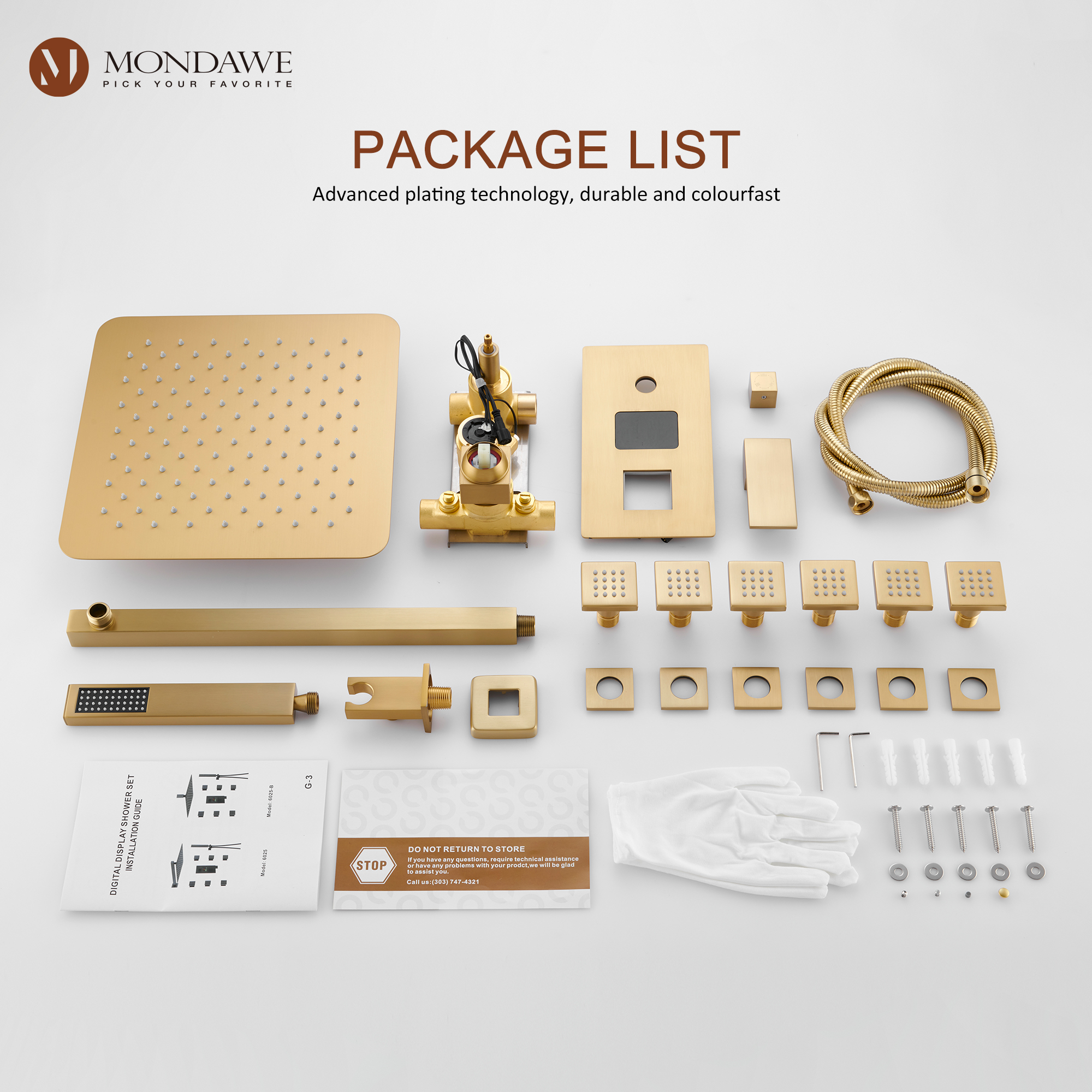 Mondawe Wall Mount Pressure Balanced Rain Shower Head System with Body Sprayers Handheld Shower and Digital Display-Mondawe