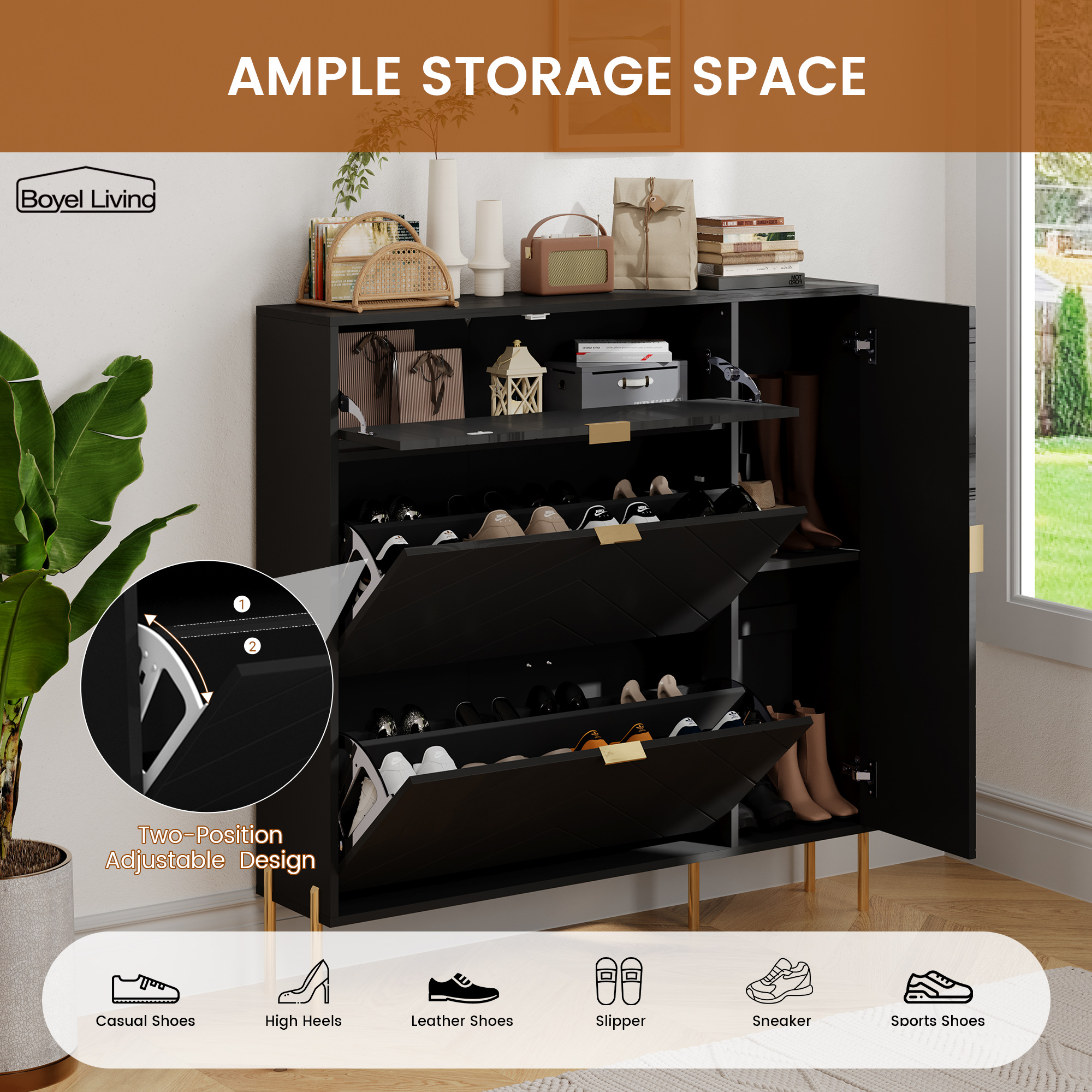 49.21 in. H x 9.45 in. W x 43.31 in. L White Wood Shoe Storage Cabinet with Flip-Up Drawers, Adjustable Shelf