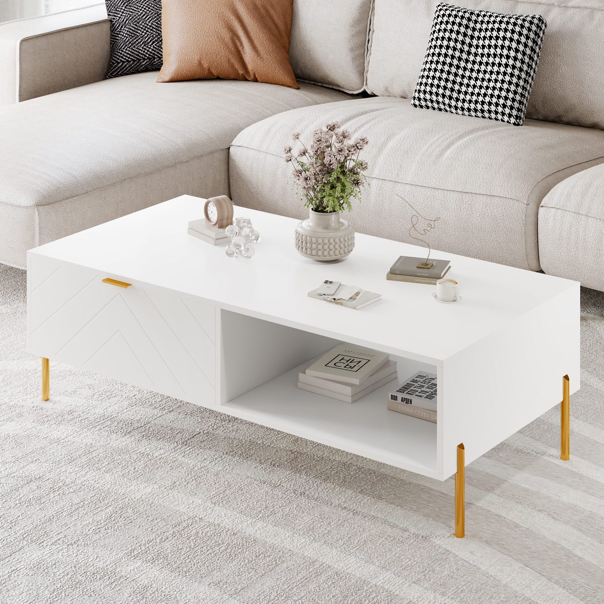 Mid-Century Modern Coffee Table, 48" Rectangle Coffee Table with Double Drawers, Gold Metal Decor, Center Table for Living Room,White