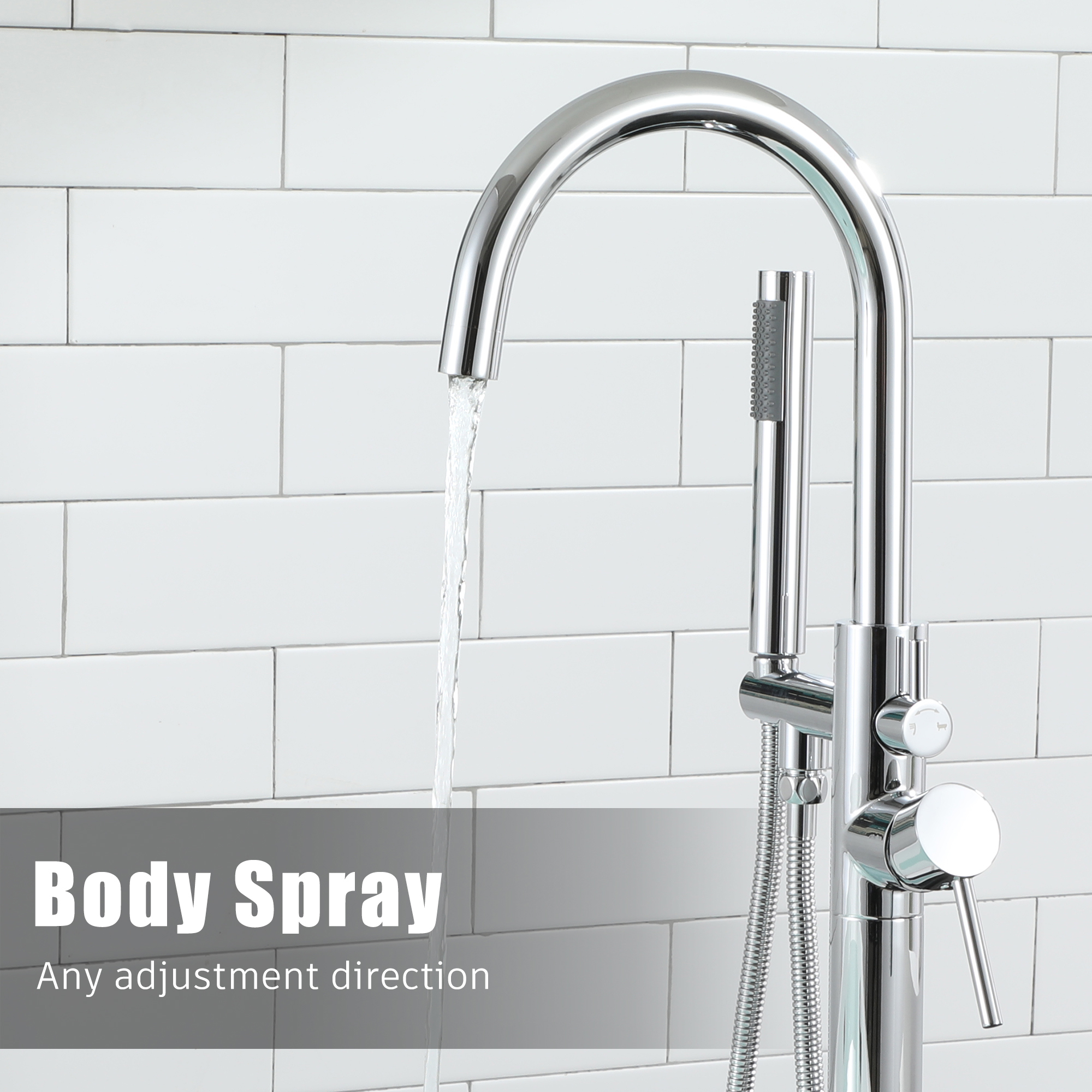 Modern Sleek Floor Mount 2-Handle Freestanding Tub Faucet with Hand Shower and Water Supply Hoses in. Chrome