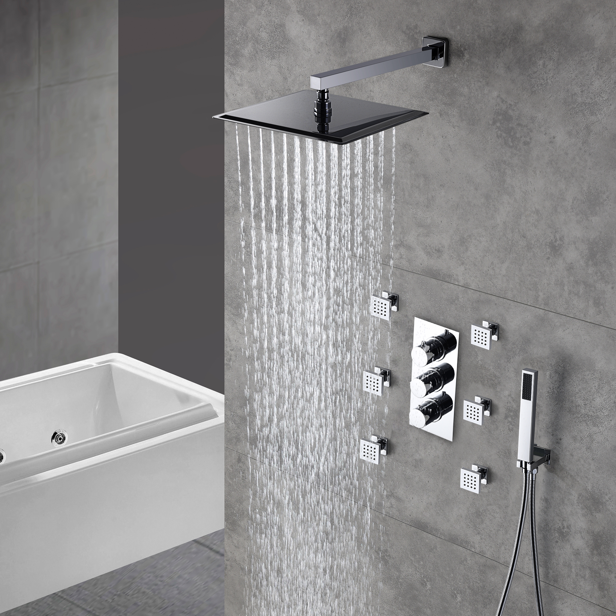 12" Thermostatic Complete Shower System with Rough-in Valve & 6 Body Jets Brushed Gold/Chrome/Matte Black