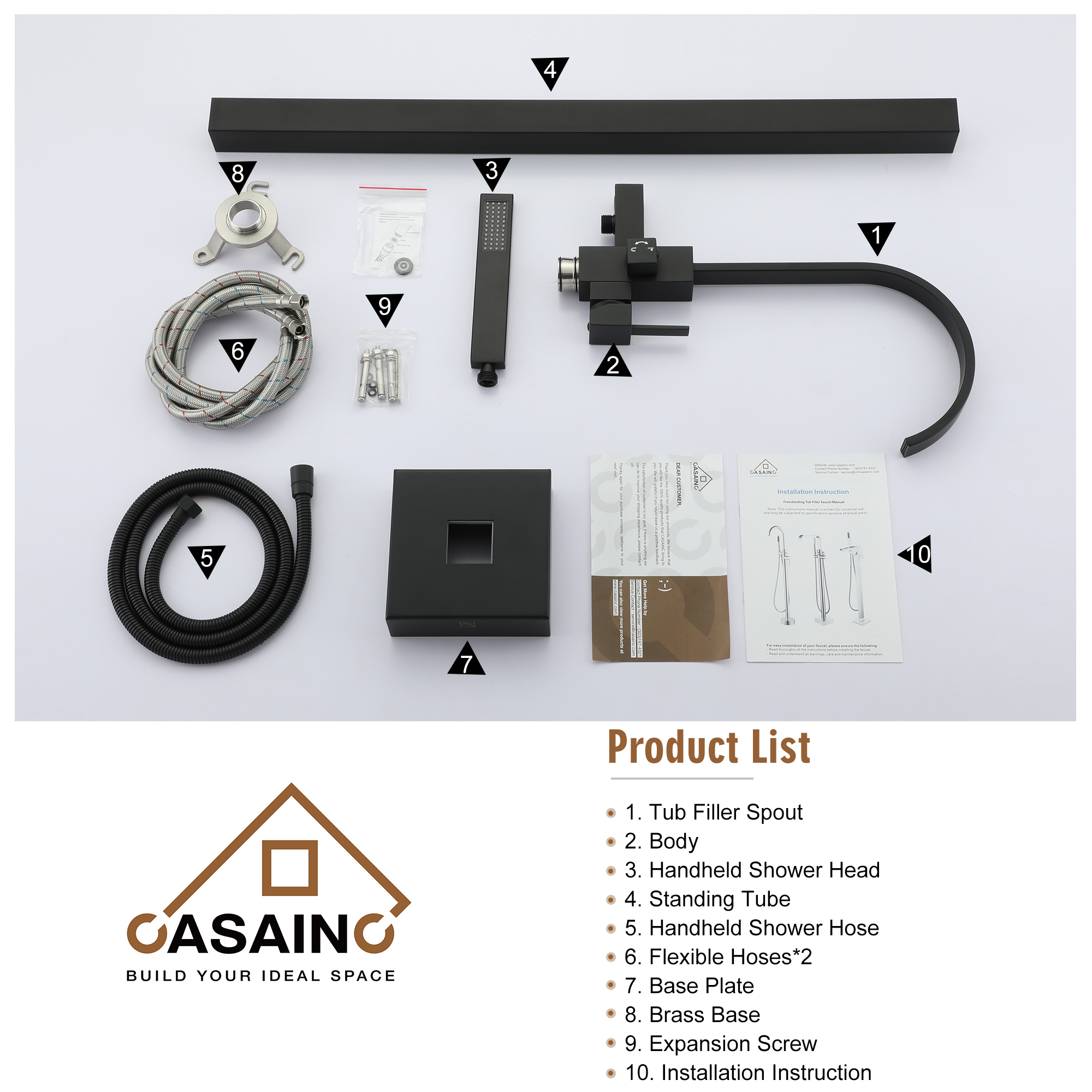 Single-Handle Floor-Mounted Bathtub Faucet High Flow Bathroom Tub Filler with Hand Shower, Brushed Nickel/Matte Black/Chrome