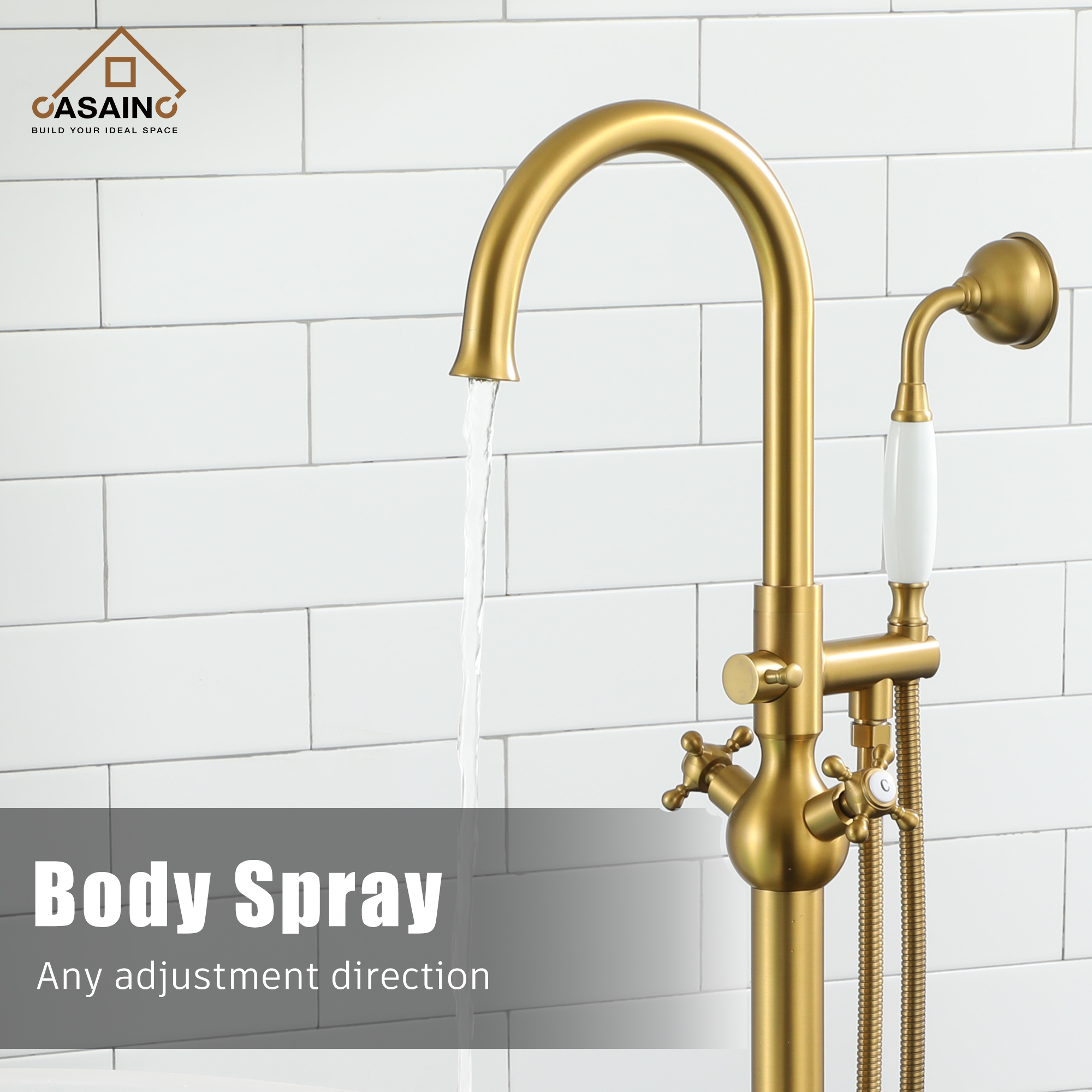 Vintage 2-Handle Floor-Mount Buthtub Freestanding Roman Tub Faucet in Brushed Brass