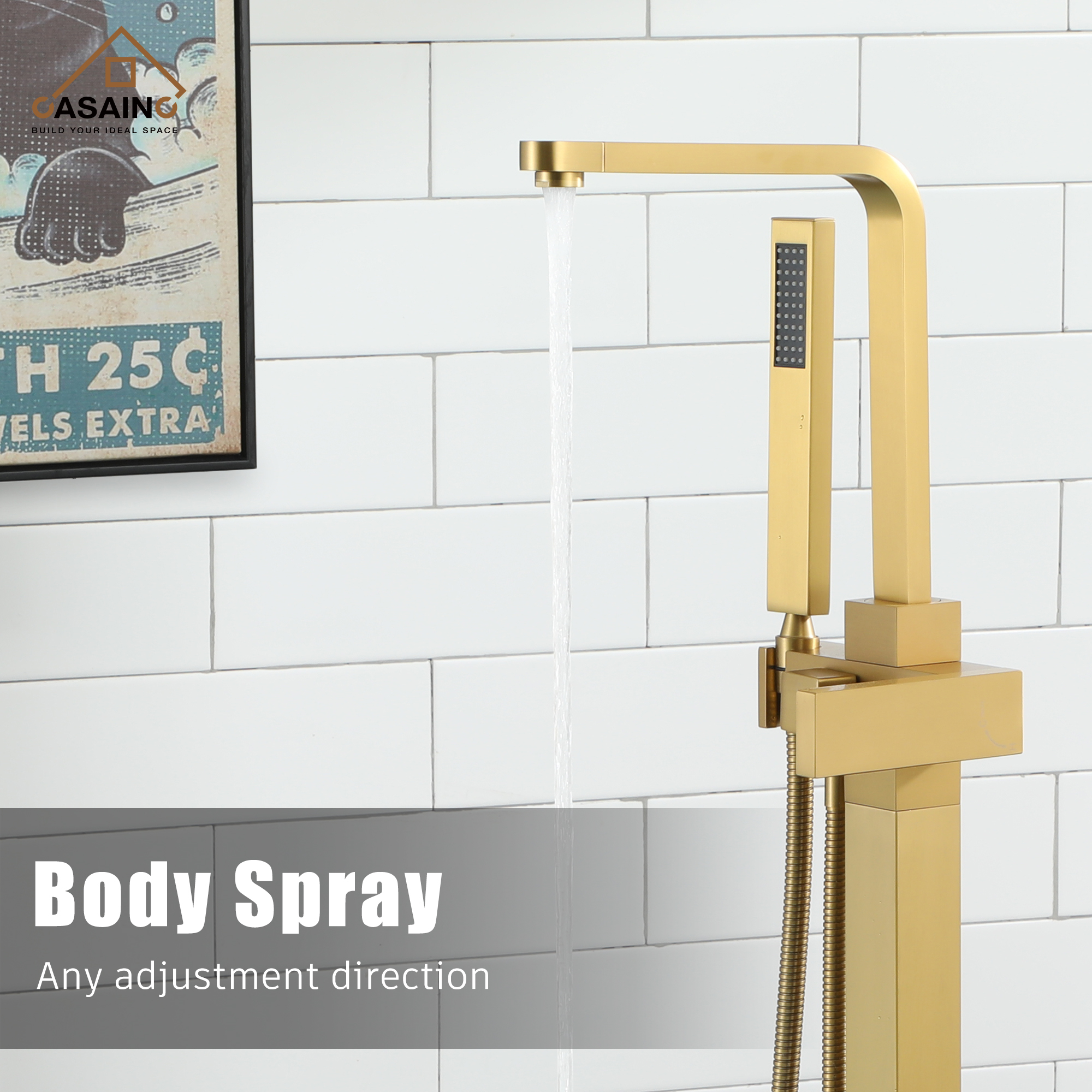 Single-Handle Free-Standing Tub Faucet with Rectangle Hand Shower in Brushed Brass/Brushed Nickel/Oil Rubbed Bronze/Matte Black