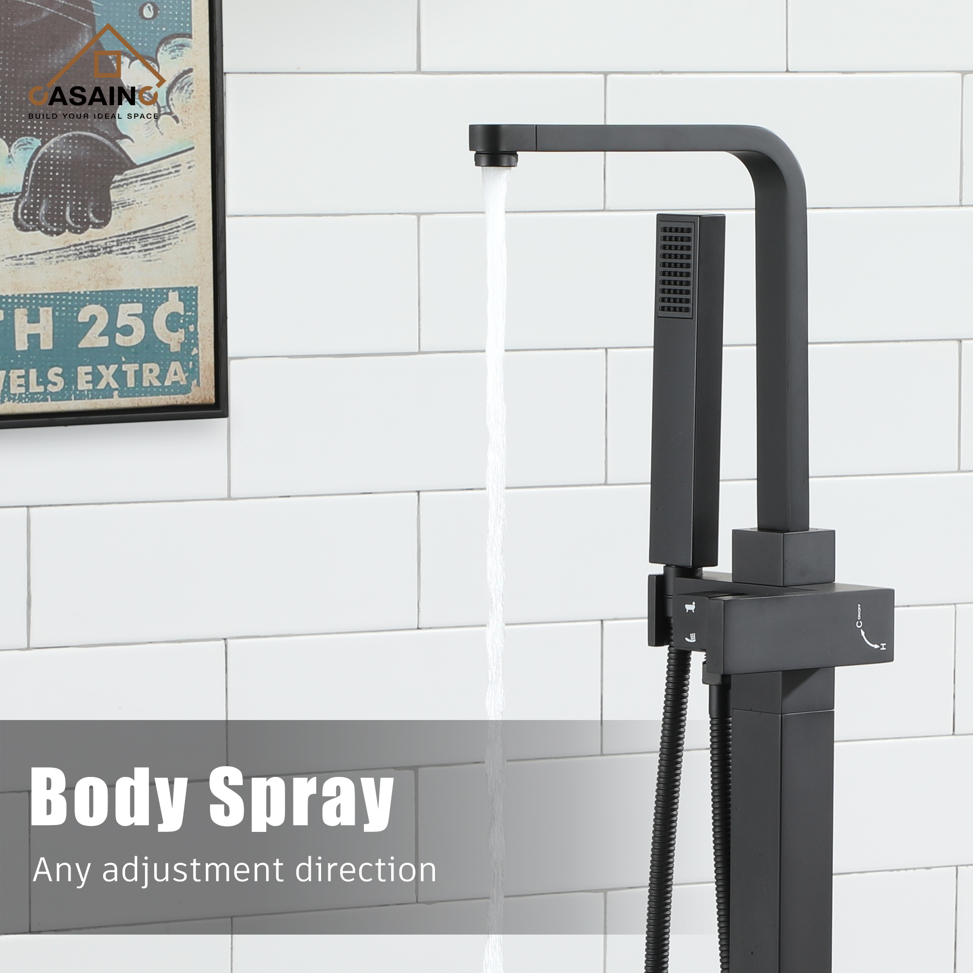 Single-Handle Free-Standing Tub Faucet with Rectangle Hand Shower in Brushed Brass/Brushed Nickel/Oil Rubbed Bronze/Matte Black