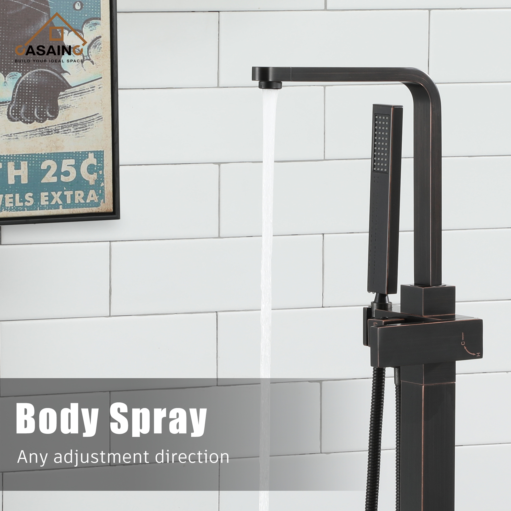 Single-Handle Free-Standing Tub Faucet with Rectangle Hand Shower in Brushed Brass/Brushed Nickel/Oil Rubbed Bronze/Matte Black