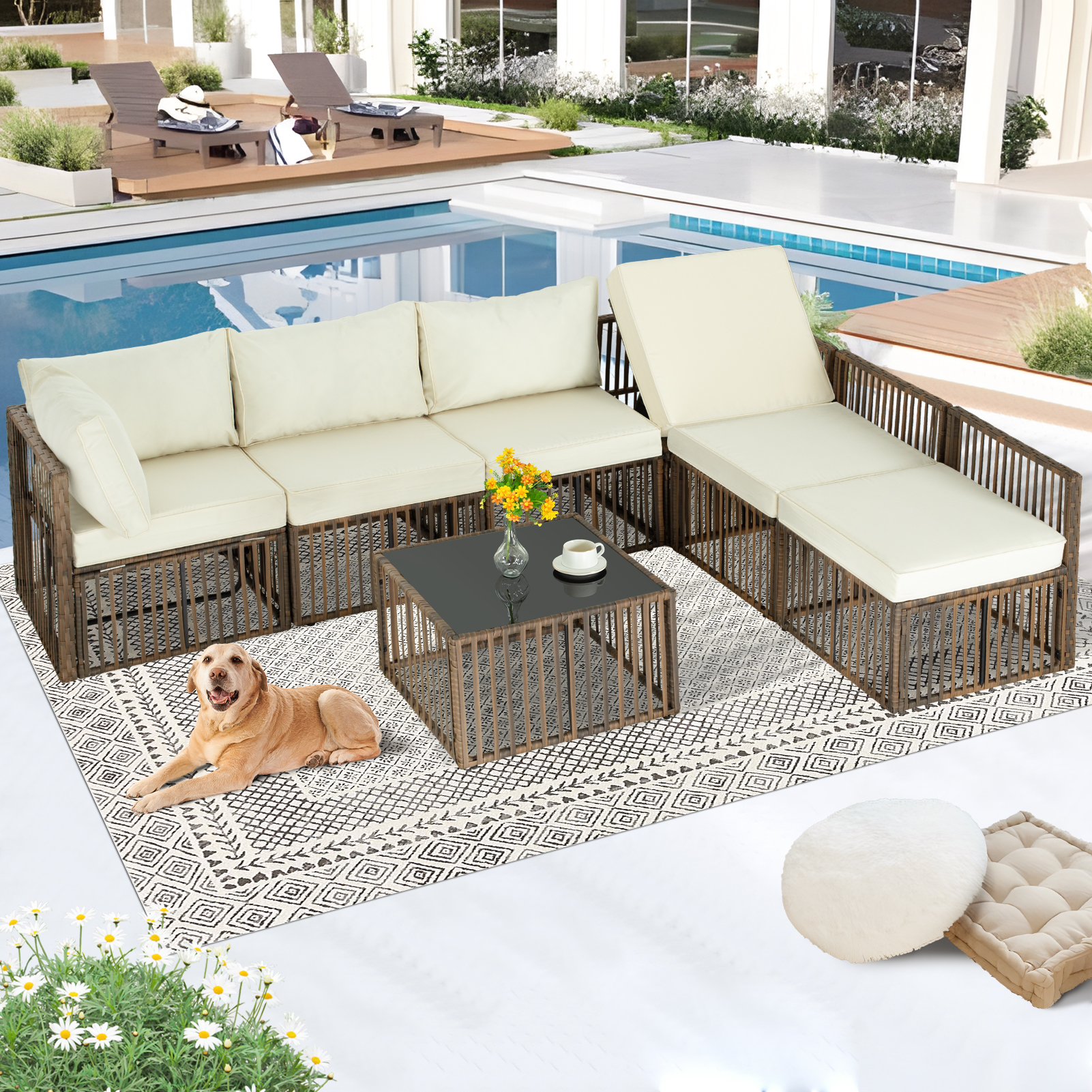 7-Piece Outdoor Patio Furniture Set – PE Rattan Sectional Sofa with Cushions & Coffee Table, All-Weather Wicker, Removable Covers，Gray/Blue/Brown