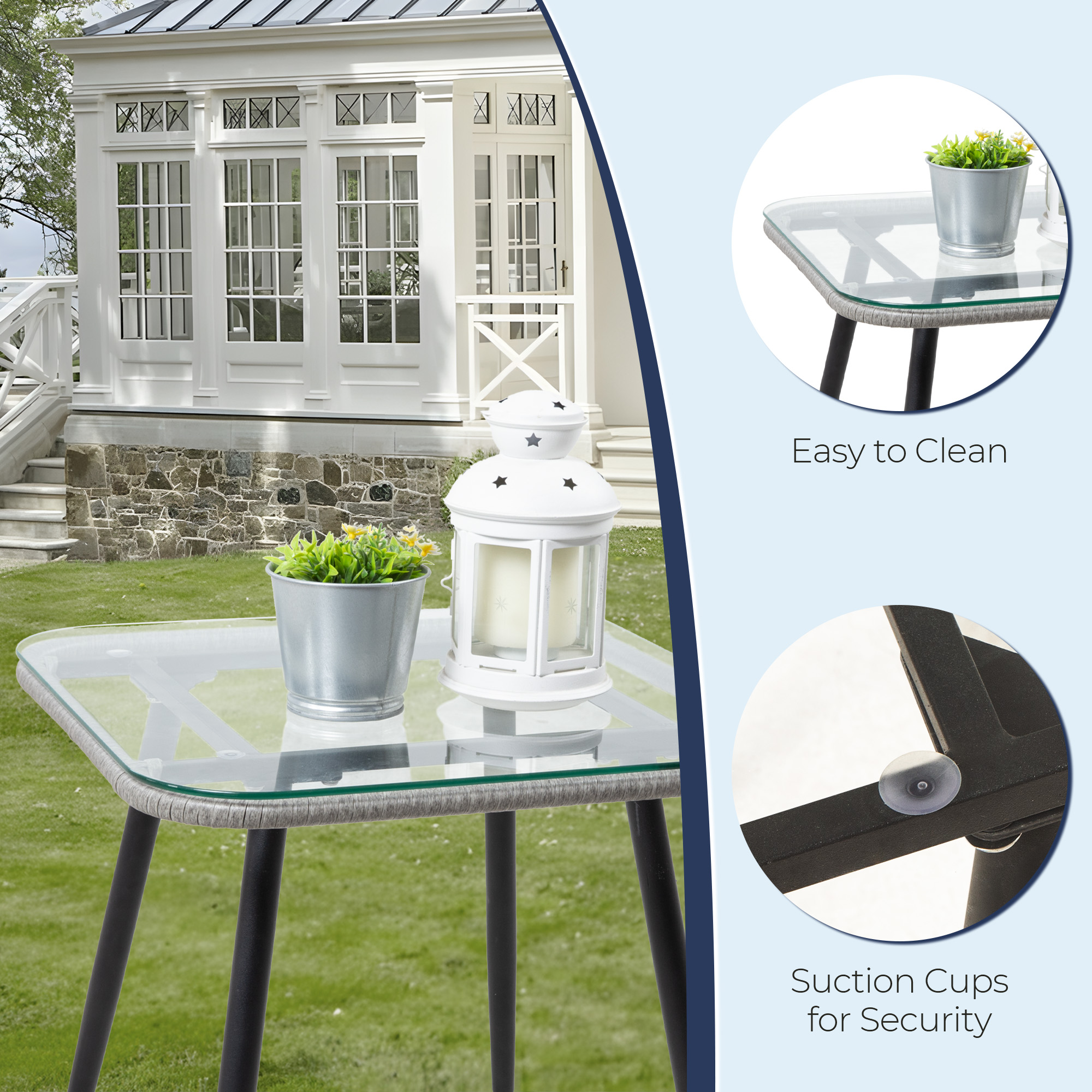 7-Piece Patio Bistro Set – PE Rattan Chairs with Cushions, Ottomans, and Tempered Glass Coffee Table, Compact Outdoor Furniture for Balcony or Small Spaces (Blue/Beige)