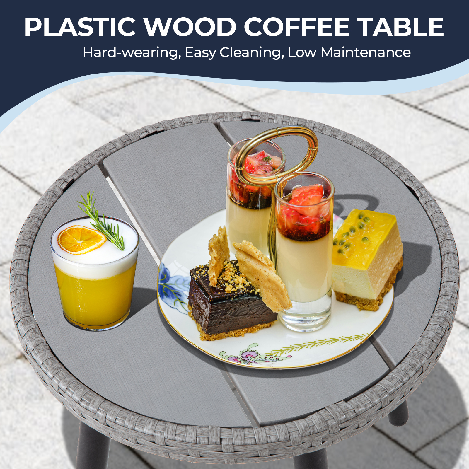 7-Piece PE Rattan Patio Furniture Set – 2 Chairs, 2 Ottomans & Round Coffee Table, Outdoor Bistro Conversation Set with Cushions, Blue/Beige