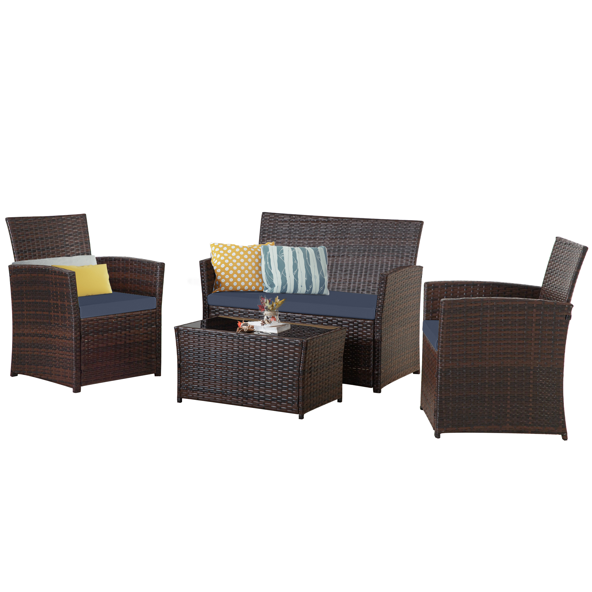 4-Piece PE Rattan Patio Furniture Set – Double Sofa, 2 Armchairs, Coffee Table with Cushions, Weather-Resistant Outdoor Conversation Set, Brown-Blue/Gray/Black-Gray/Black-Blue