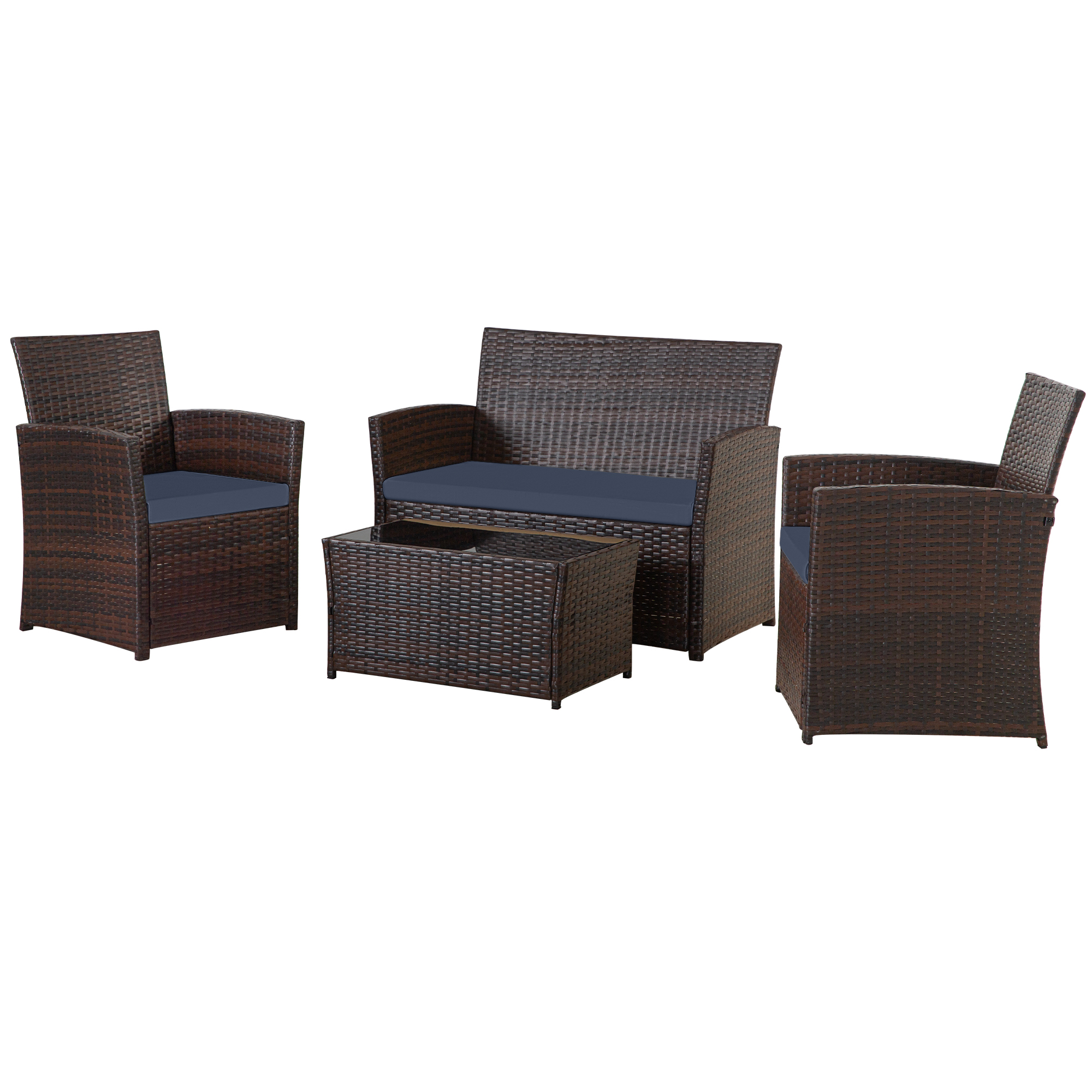 4-Piece PE Rattan Patio Furniture Set – Double Sofa, 2 Armchairs, Coffee Table with Cushions, Weather-Resistant Outdoor Conversation Set, Brown-Blue/Gray/Black-Gray/Black-Blue