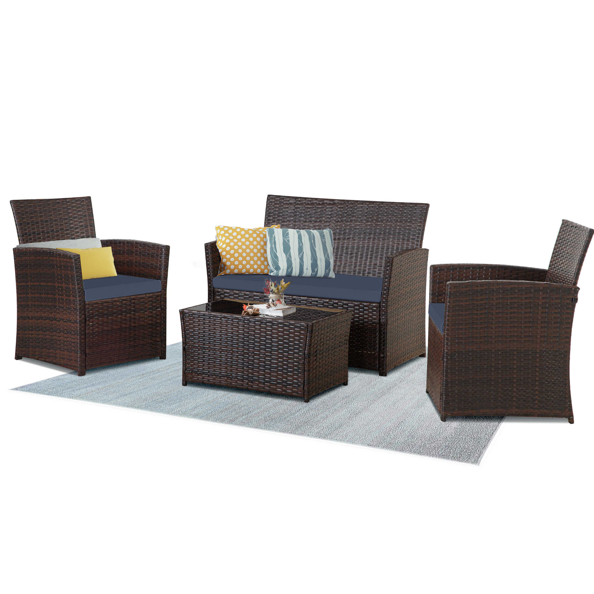 4-Piece PE Rattan Patio Furniture Set – Double Sofa, 2 Armchairs, Coffee Table with Cushions, Weather-Resistant Outdoor Conversation Set, Brown-Blue/Gray/Black-Gray/Black-Blue