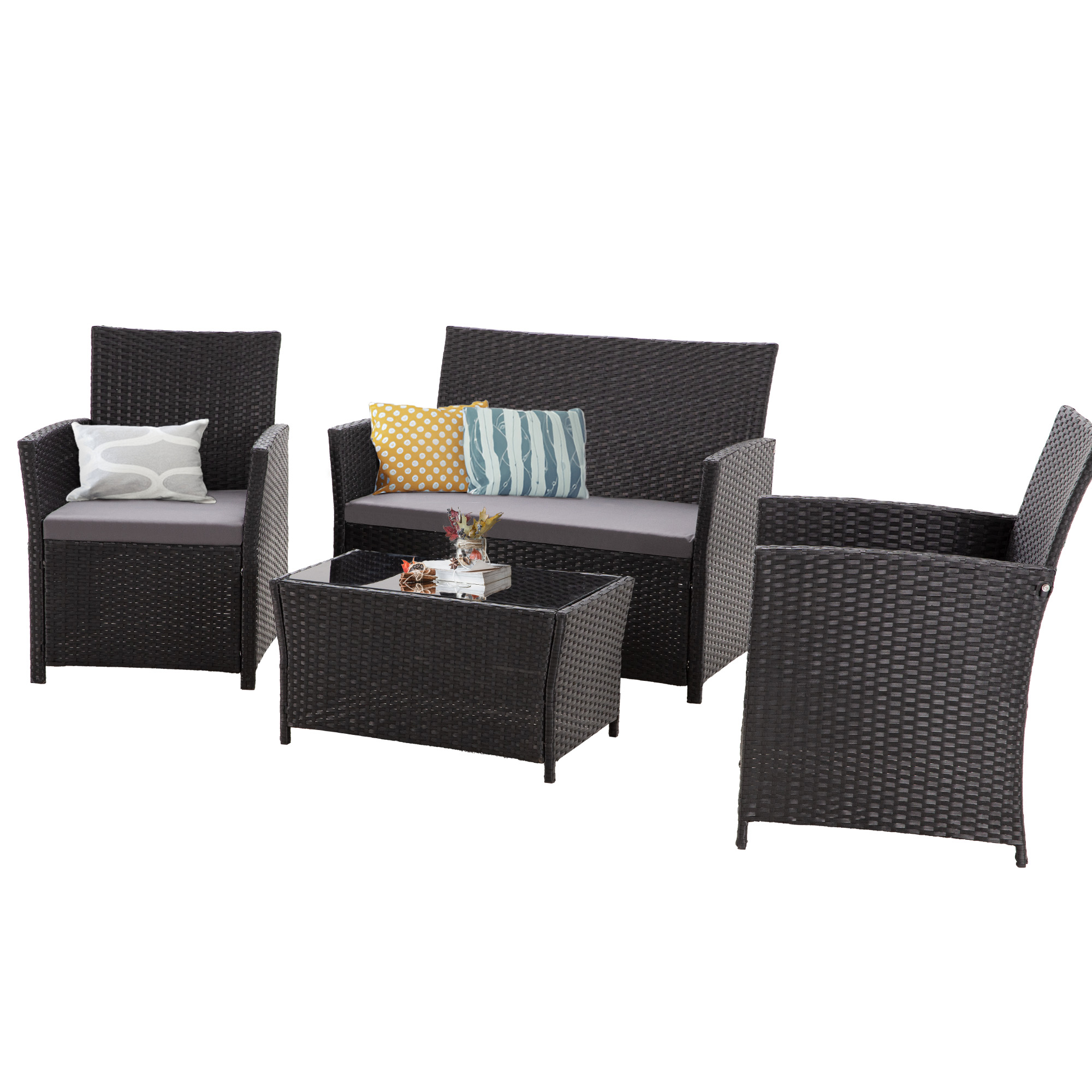 4-Piece PE Rattan Patio Furniture Set – Double Sofa, 2 Armchairs, Coffee Table with Cushions, Weather-Resistant Outdoor Conversation Set, Brown-Blue/Gray/Black-Gray/Black-Blue