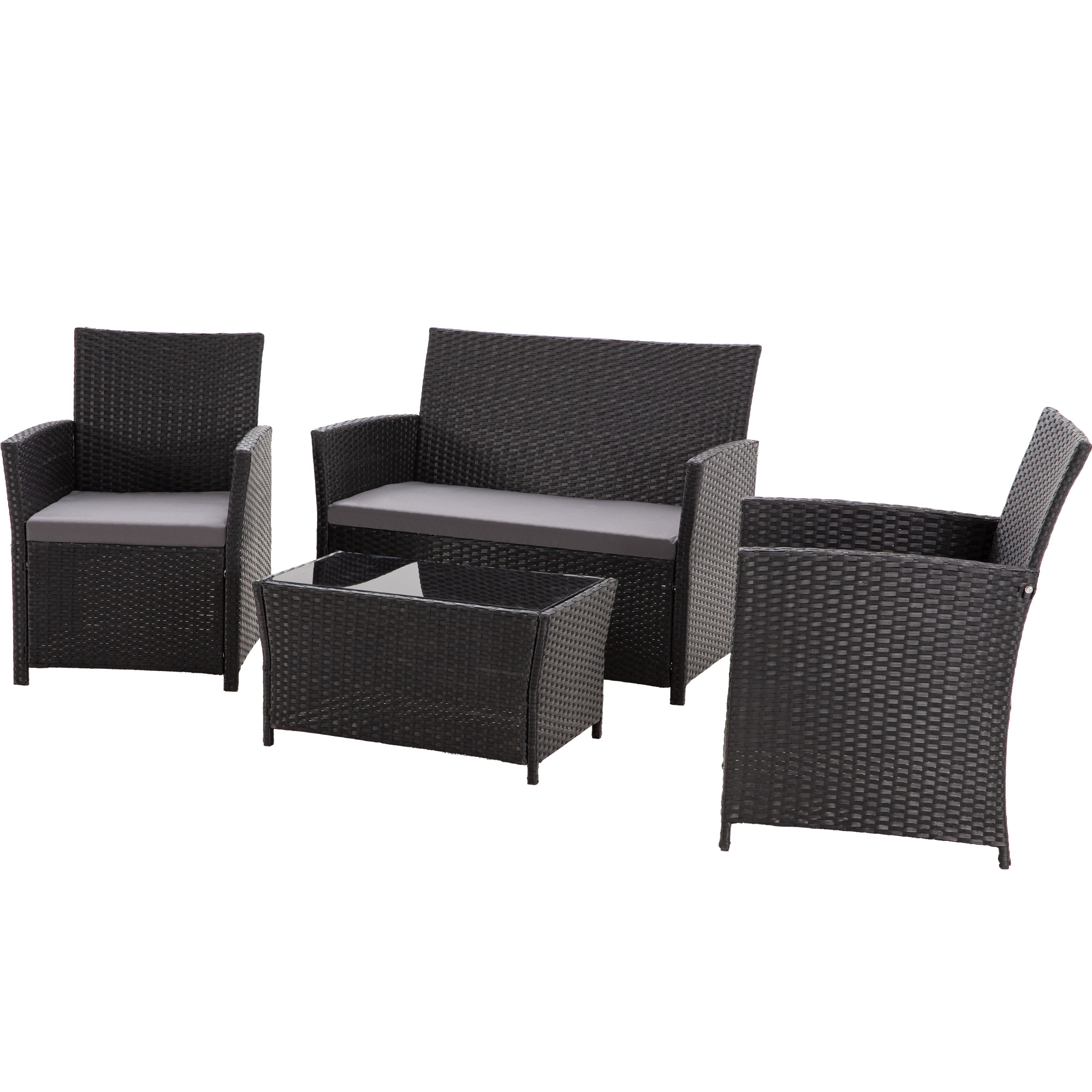 4-Piece PE Rattan Patio Furniture Set – Double Sofa, 2 Armchairs, Coffee Table with Cushions, Weather-Resistant Outdoor Conversation Set, Brown-Blue/Gray/Black-Gray/Black-Blue