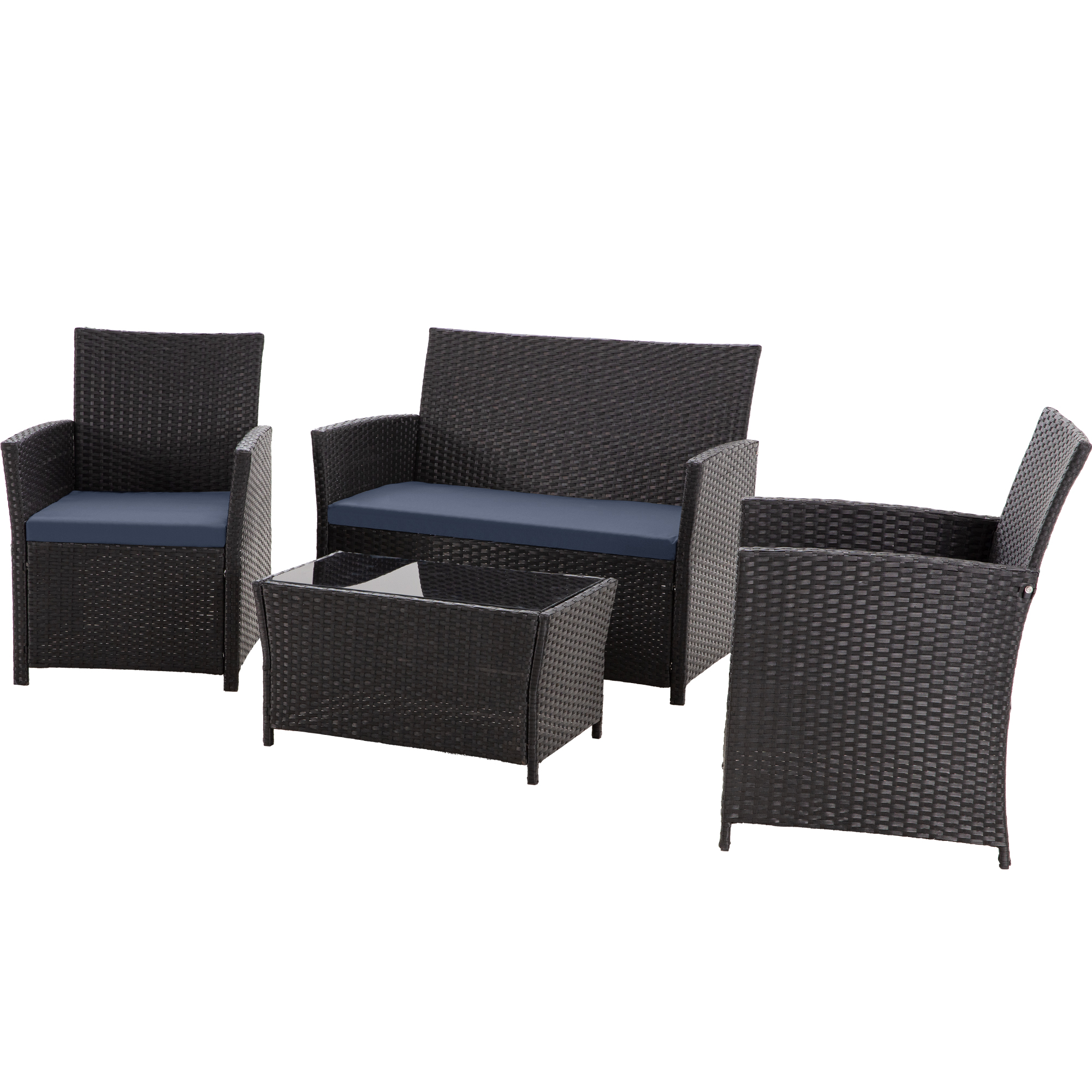4-Piece PE Rattan Patio Furniture Set – Double Sofa, 2 Armchairs, Coffee Table with Cushions, Weather-Resistant Outdoor Conversation Set, Brown-Blue/Gray/Black-Gray/Black-Blue