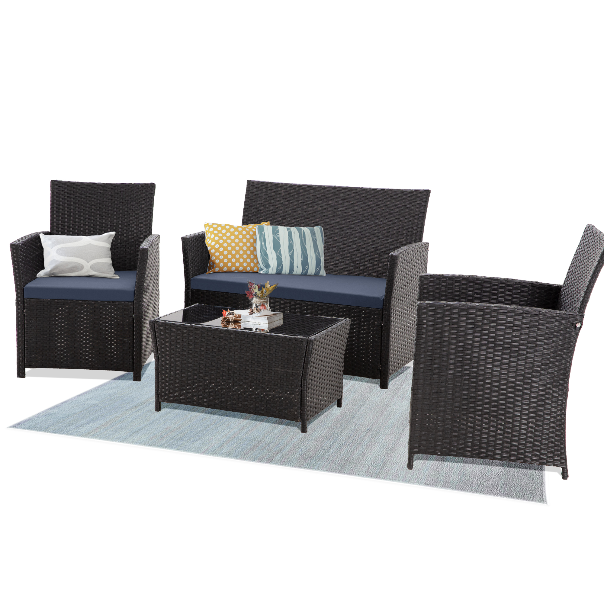 4-Piece PE Rattan Patio Furniture Set – Double Sofa, 2 Armchairs, Coffee Table with Cushions, Weather-Resistant Outdoor Conversation Set, Brown-Blue/Gray/Black-Gray/Black-Blue