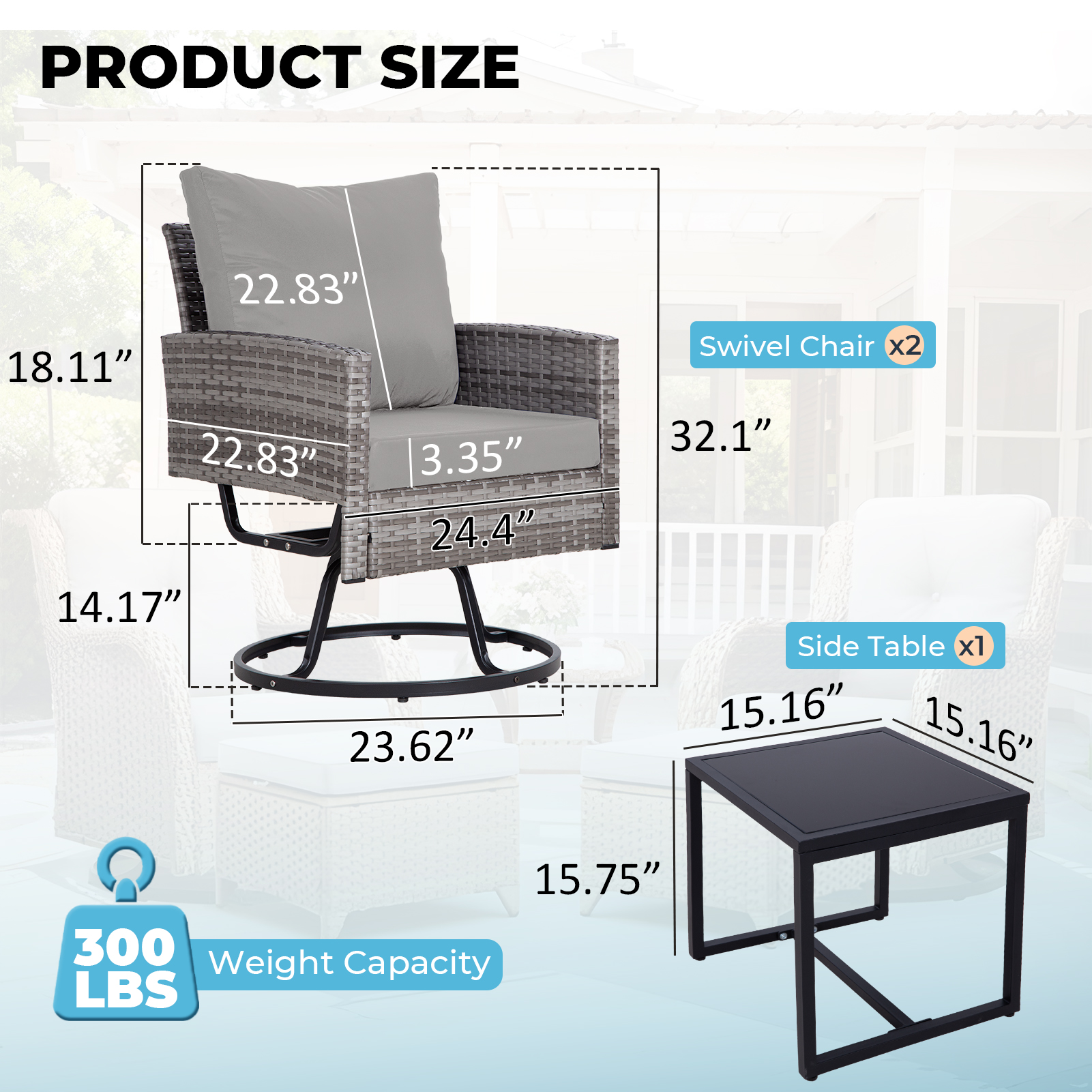 3-Piece Outdoor Swivel Chair Patio Set – 360° PE Rattan Chairs with Cushions & Glass Coffee Table, Gray/Beige/Blue/Dark Gray/Brown