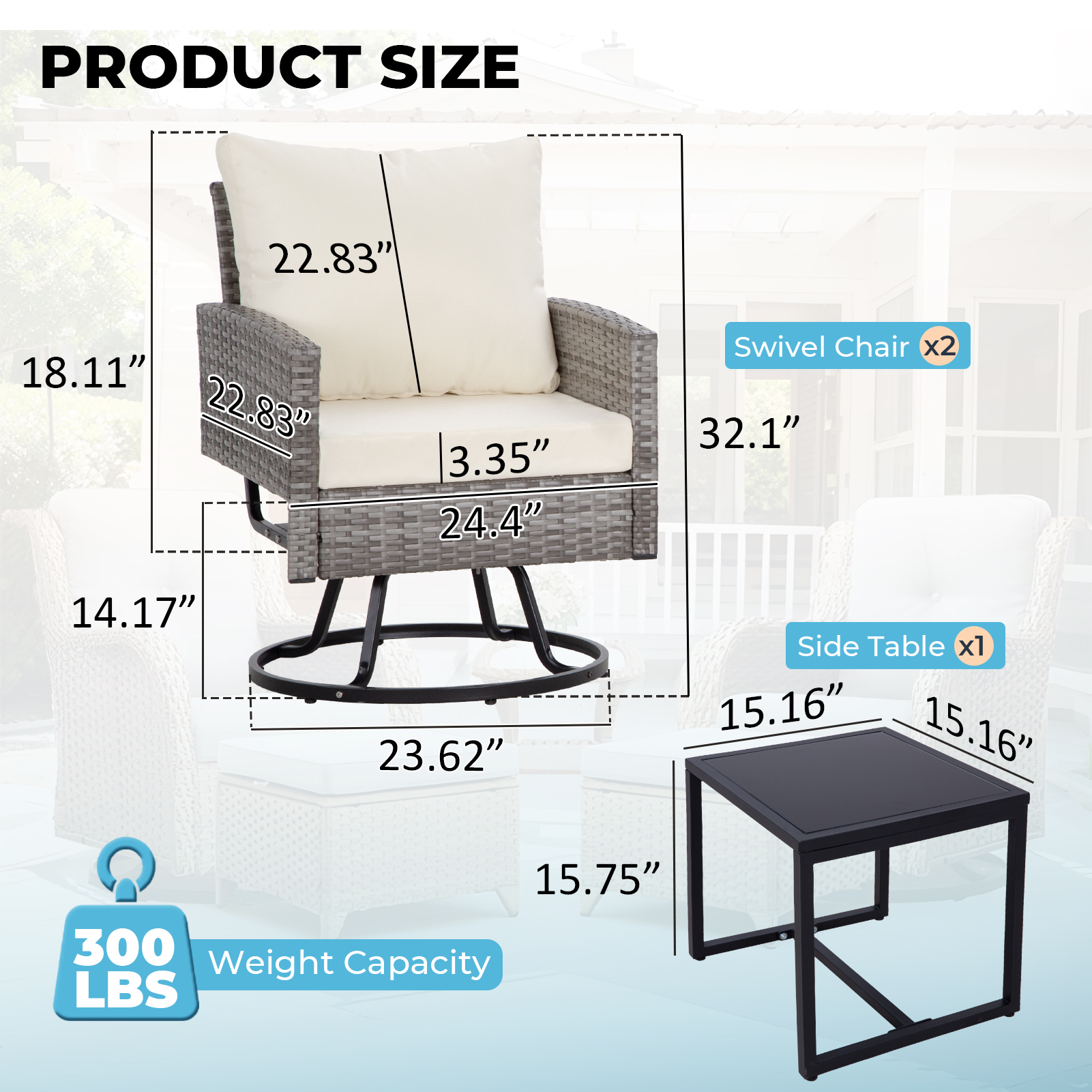 3-Piece Outdoor Swivel Chair Patio Set – 360° PE Rattan Chairs with Cushions & Glass Coffee Table, Gray/Beige/Blue/Dark Gray/Brown