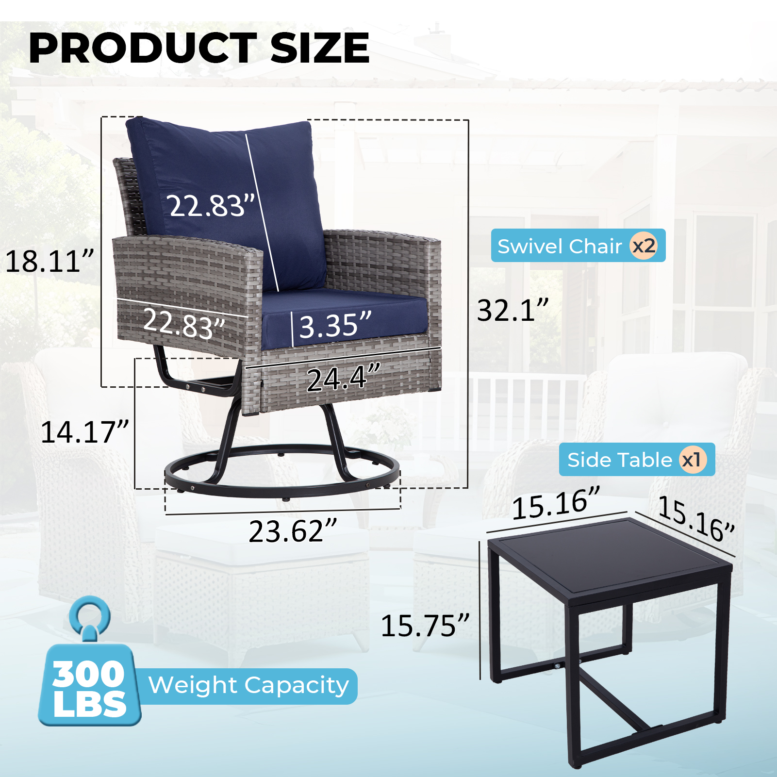 3-Piece Outdoor Swivel Chair Patio Set – 360° PE Rattan Chairs with Cushions & Glass Coffee Table, Gray/Beige/Blue/Dark Gray/Brown