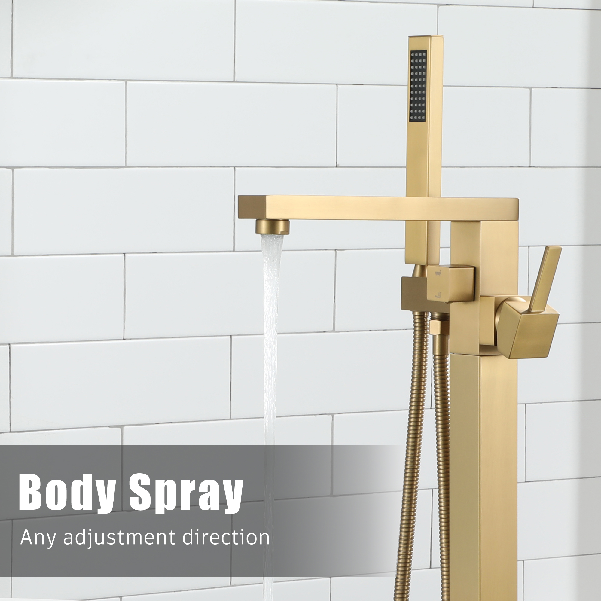 Brushed Brass Single-Handle Floor-Mounted Bathtub Faucet High Flow Bathroom Tub Filler with Hand Shower