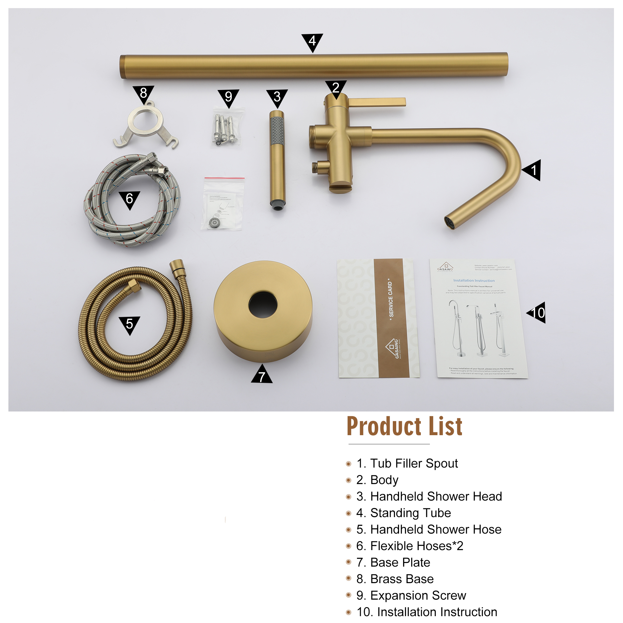 Freestanding Bathtub Faucet with Hand Shower, 360-Degree Swivel Spout, 2.7 GPM High Flow Rate Brushed Brass