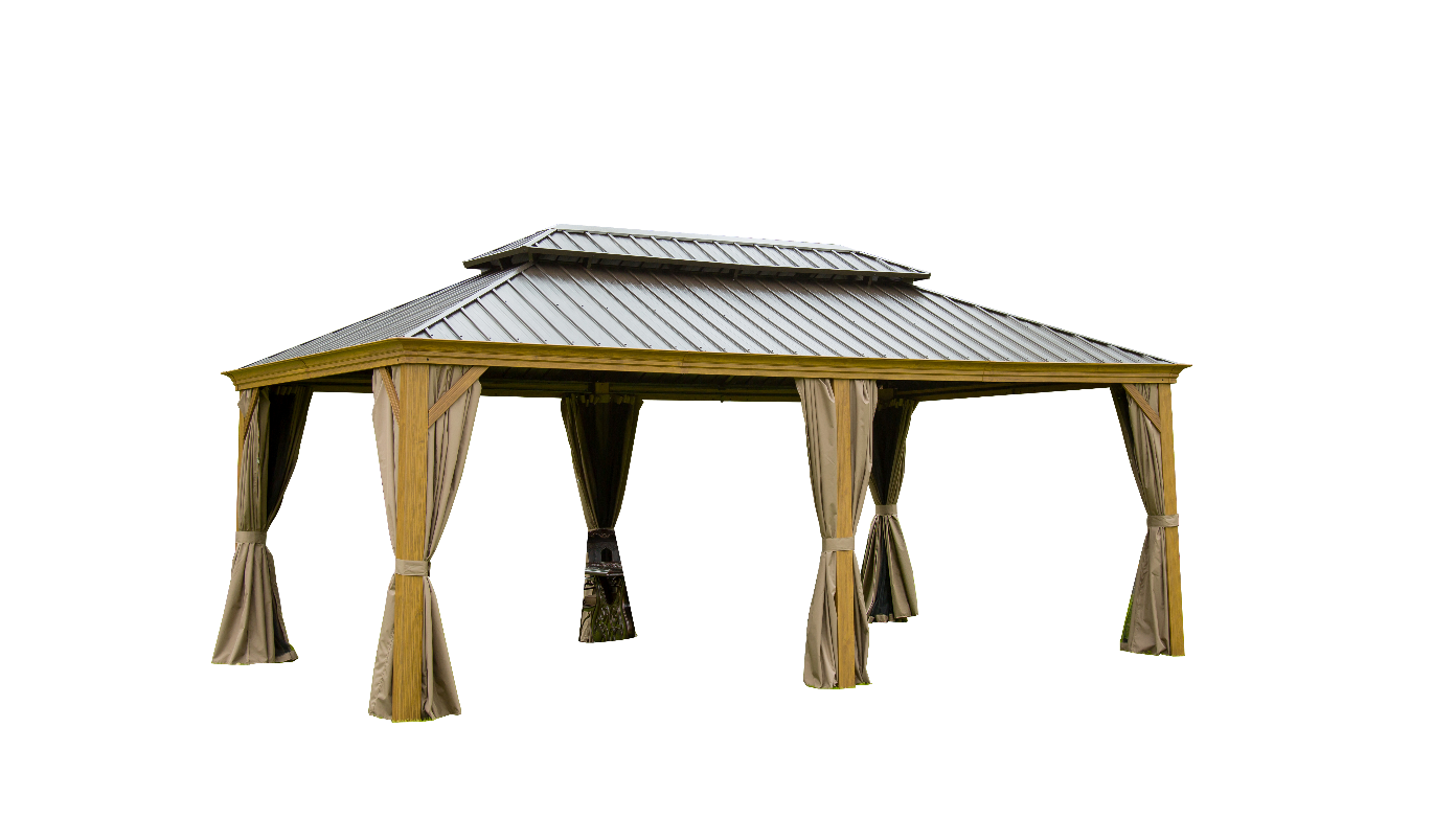 Outdoor Living 14x20FT Hardtop Gazebo, Permanent Metal Gazebo with Galvanized Steel Double Roof and Aluminum Frame, Curtain and Netting, Large Pavilion Gazebo, Wood Looking