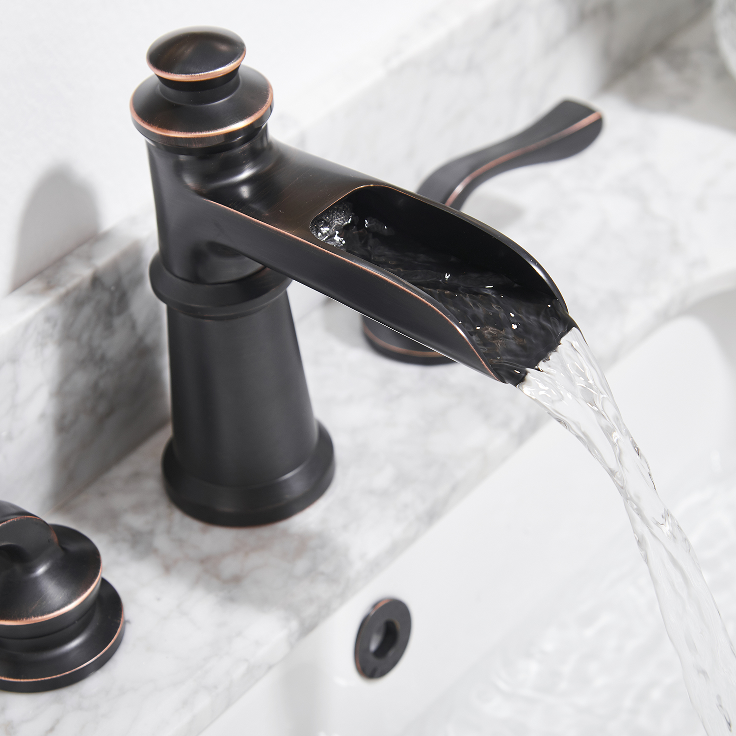 Oil Rubbed Bronze Widespread 2-Handle WaterSense Waterfall Bathroom Sink Faucet with Drain
