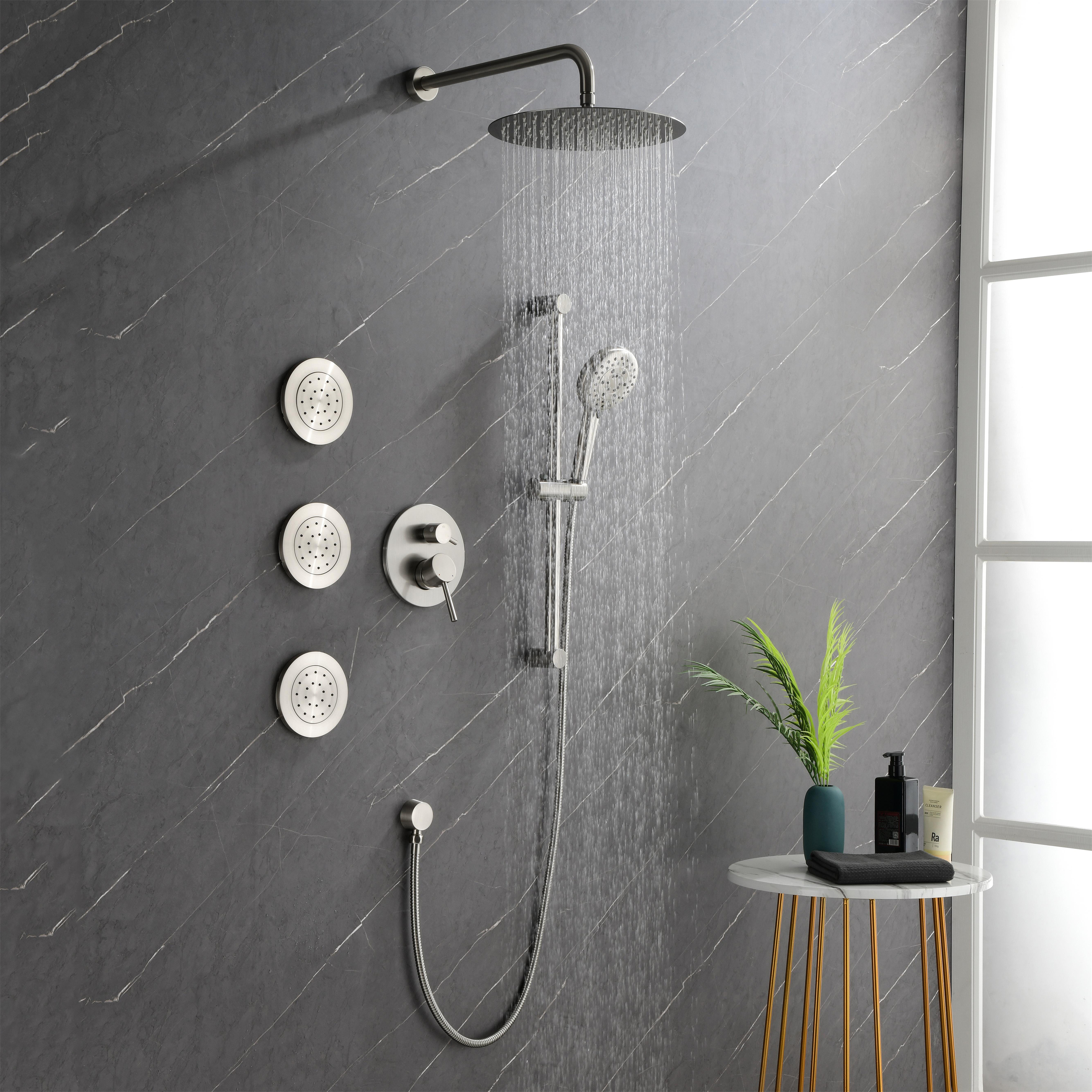 3-Spray Square High Pressure Deluxe Wall Bar Shower Kit with Slide Bar and 3-Body Spray in Brushed Nickel/Matte Black-Mondawe